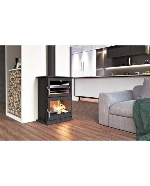 Estufa a Lenha Frontal com Forno em Aço Inoxidável e Lenheiro CH-9 Negro-2