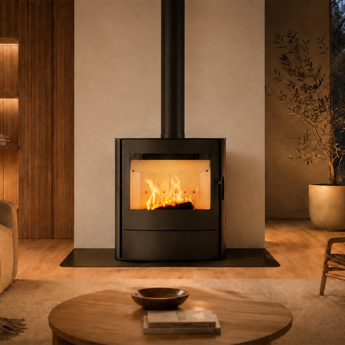 Estufa de leña Siro 8 kW Pauheat con diseño curvo y cristal panorámico Negro-2