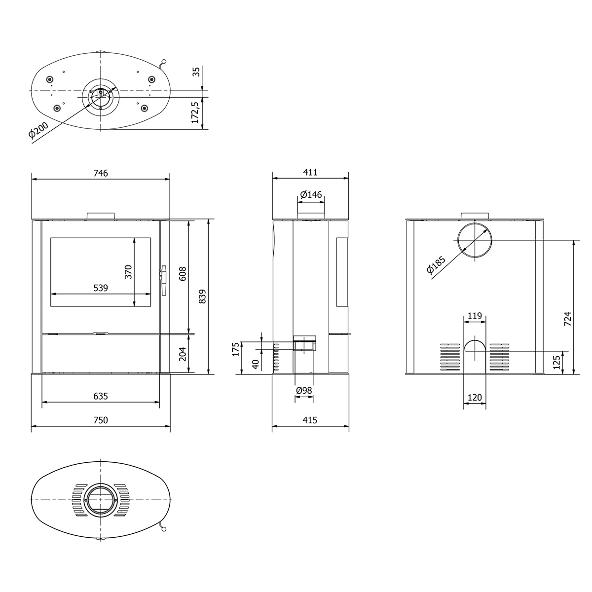 Estufa de leña Siro 8 kW Pauheat con diseño curvo y cristal panorámico Negro-3