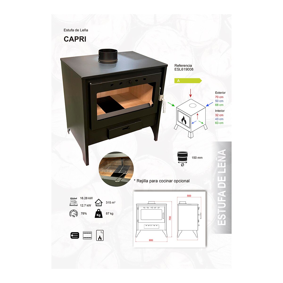 Estufa de leña 12.7 kW Clase A con opción de rejilla para cocinar Negro-3