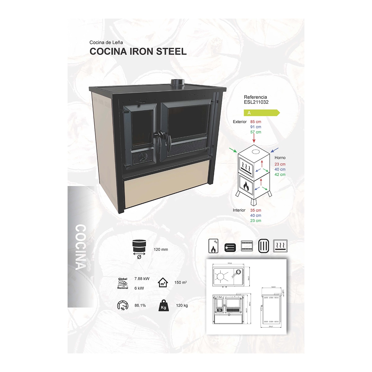 Cocina de leña 6 kW Clase A con horno de cocción Negro-3