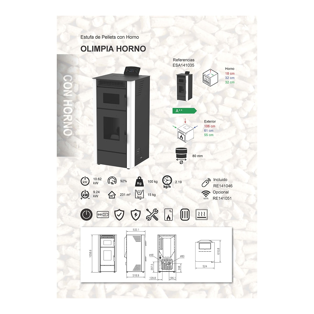 Estufa de pellets con horno 9.24 kW A++ apto para pizzas Negro-3
