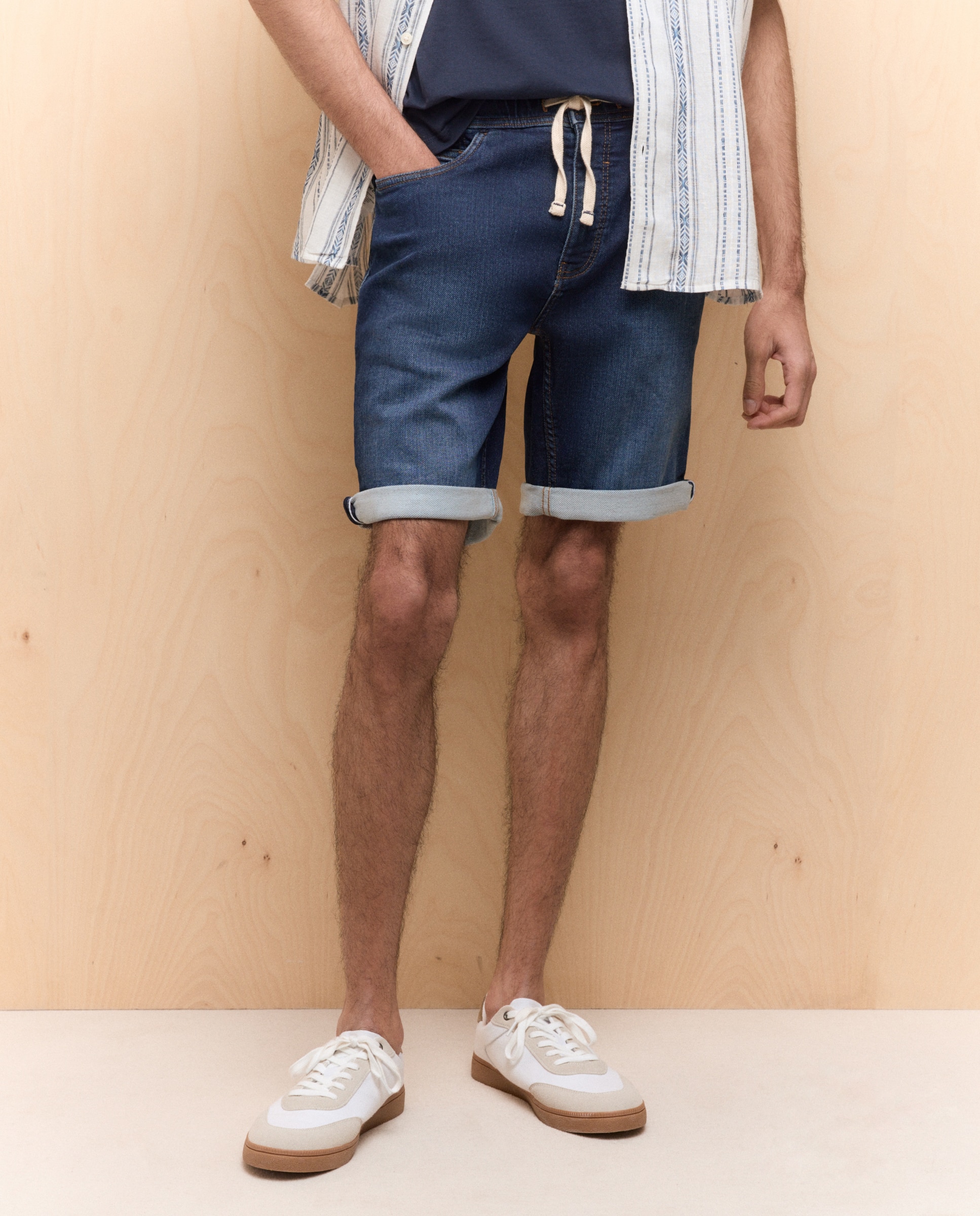 Bermudas de 5 Bolsos Knit Denim com Cordão Índigo-2