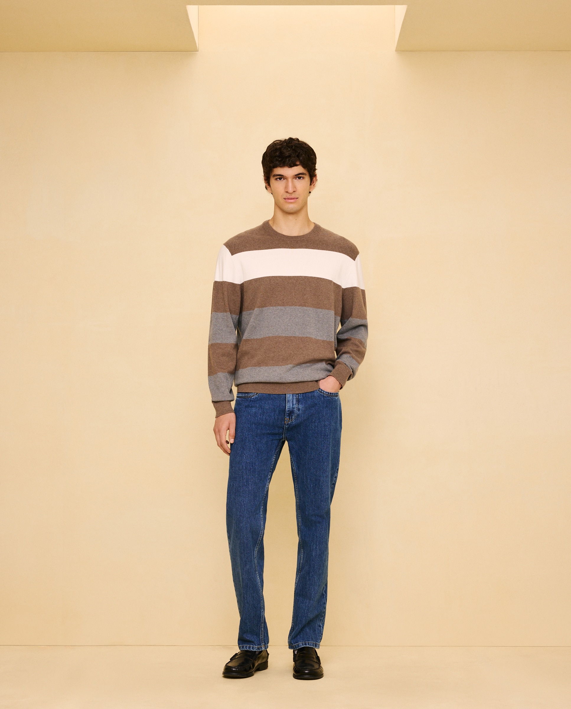 Jersey cuello caja de rayas de hombre - Easy Wear - Tostado Tostado-1