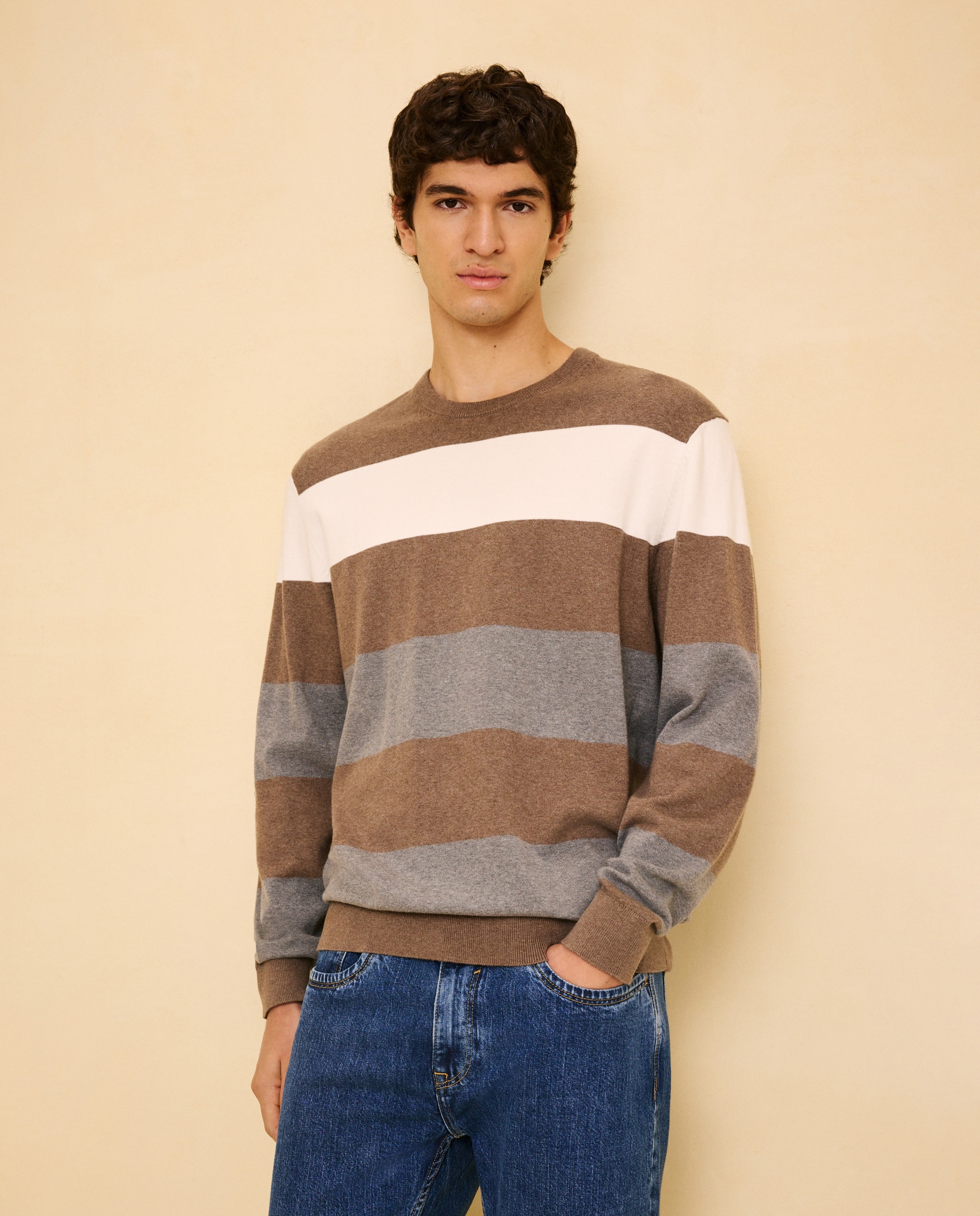Jersey cuello caja de rayas de hombre - Easy Wear - Tostado Tostado-2