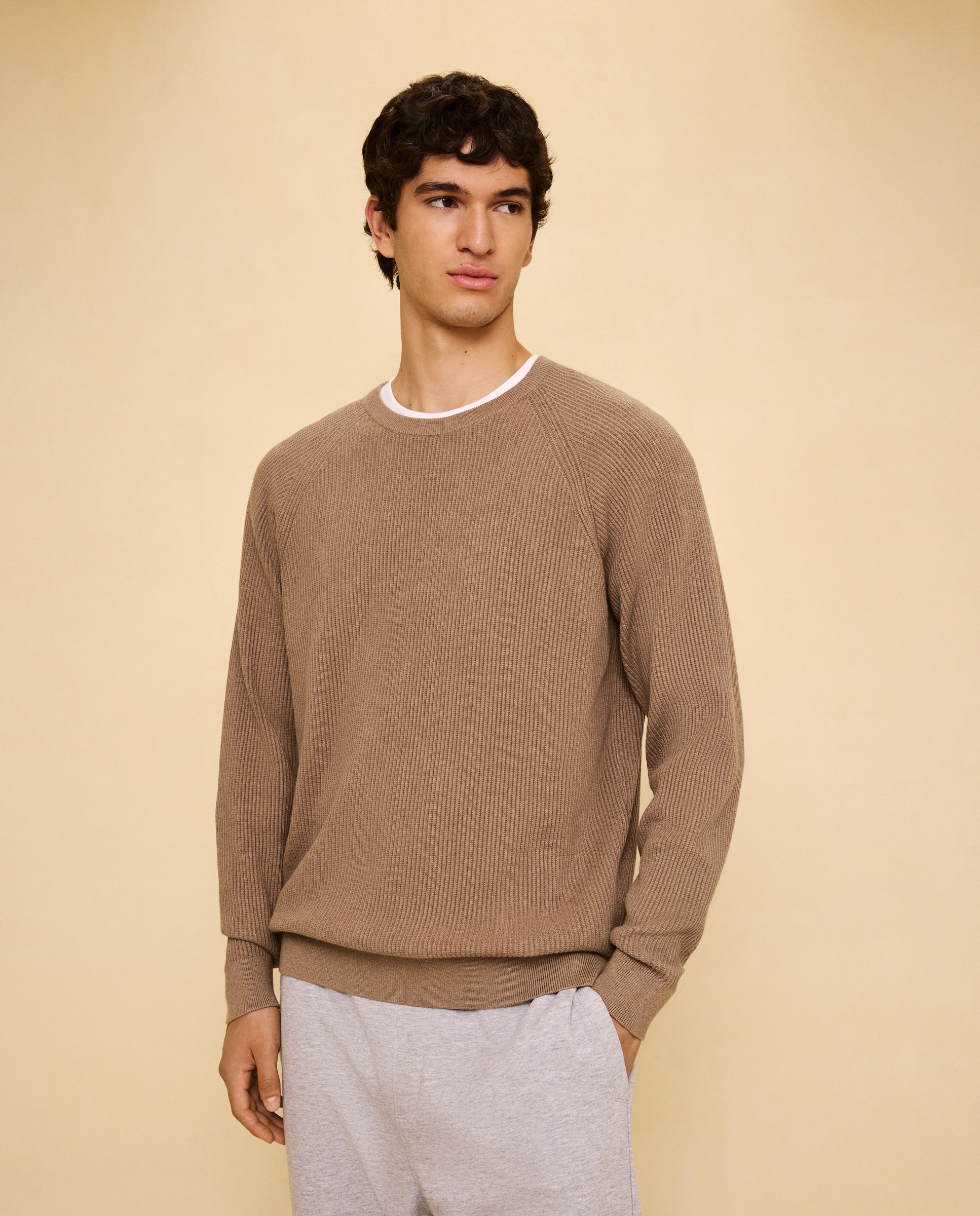 Camisola de Malha Canelada com Gola Redonda Bege-1