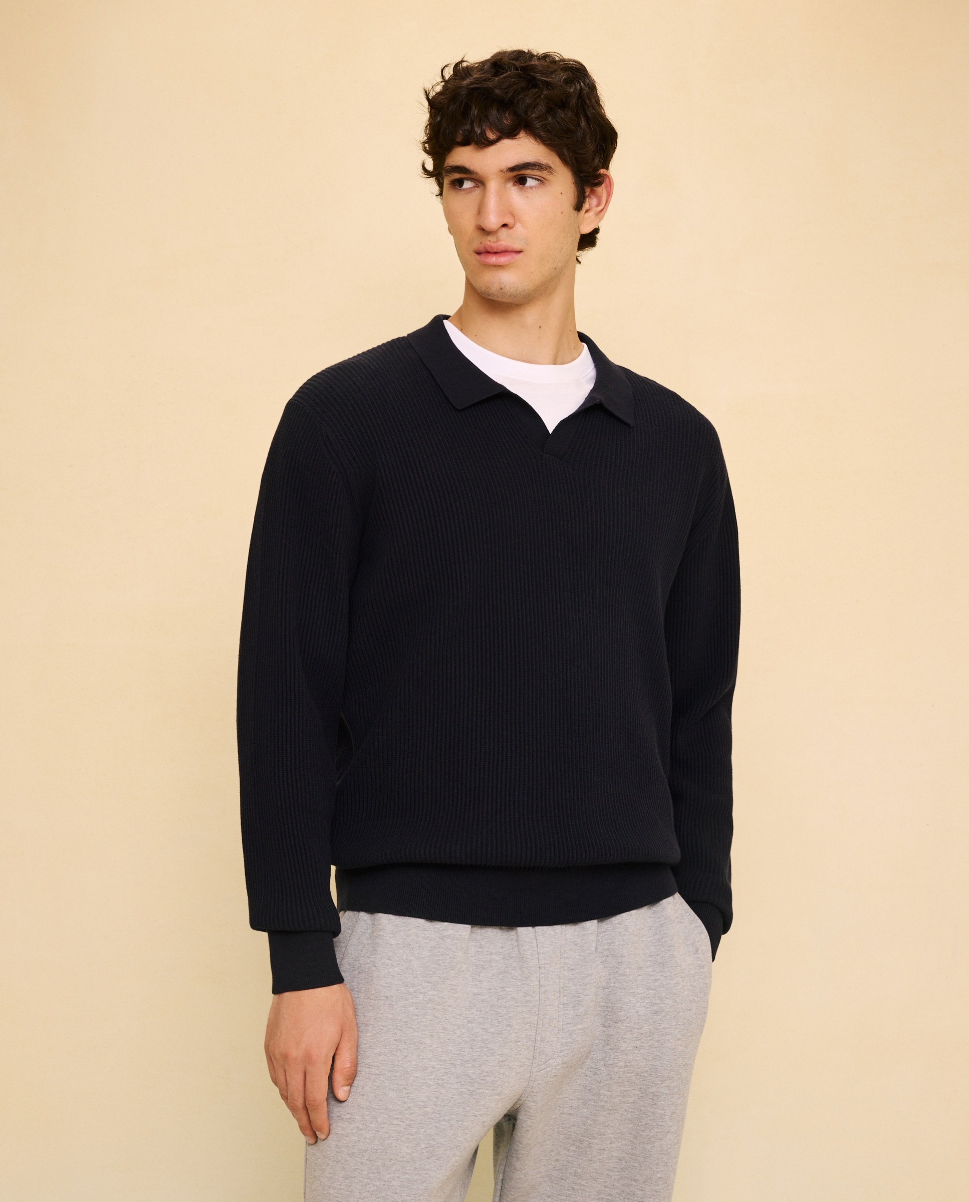 Jersey de canalé de cuello polo de hombre - Easy Wear - Azul marino Azul marino-1