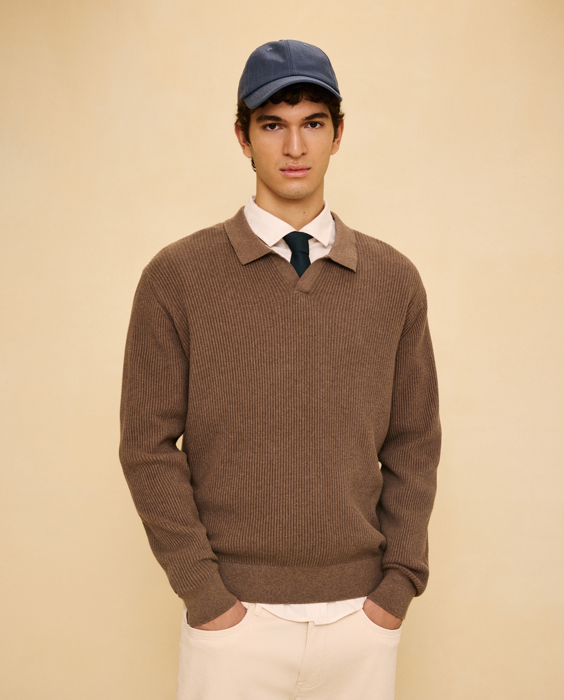 Jersey de canalé de cuello polo de hombre - Easy Wear - Tostado Tostado-1