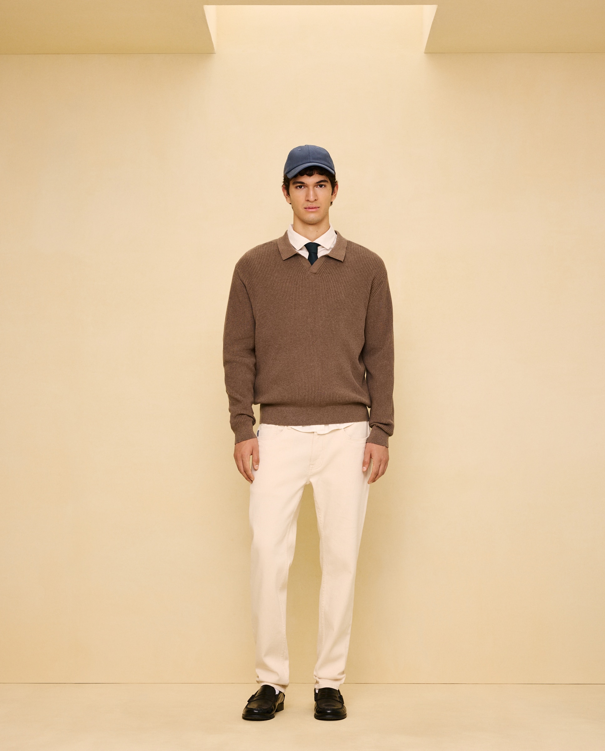Jersey de canalé de cuello polo de hombre - Easy Wear - Tostado Tostado-2