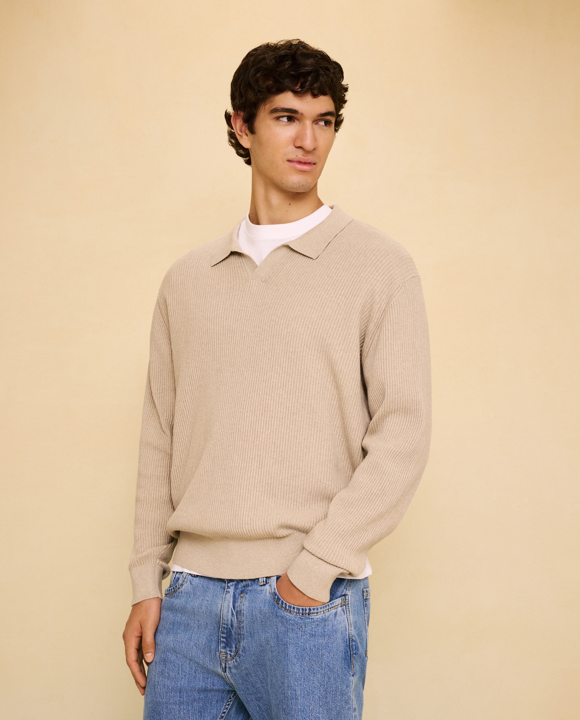 Imagem 0 de Camisola de Malha Canelada com Colarinho de Polo