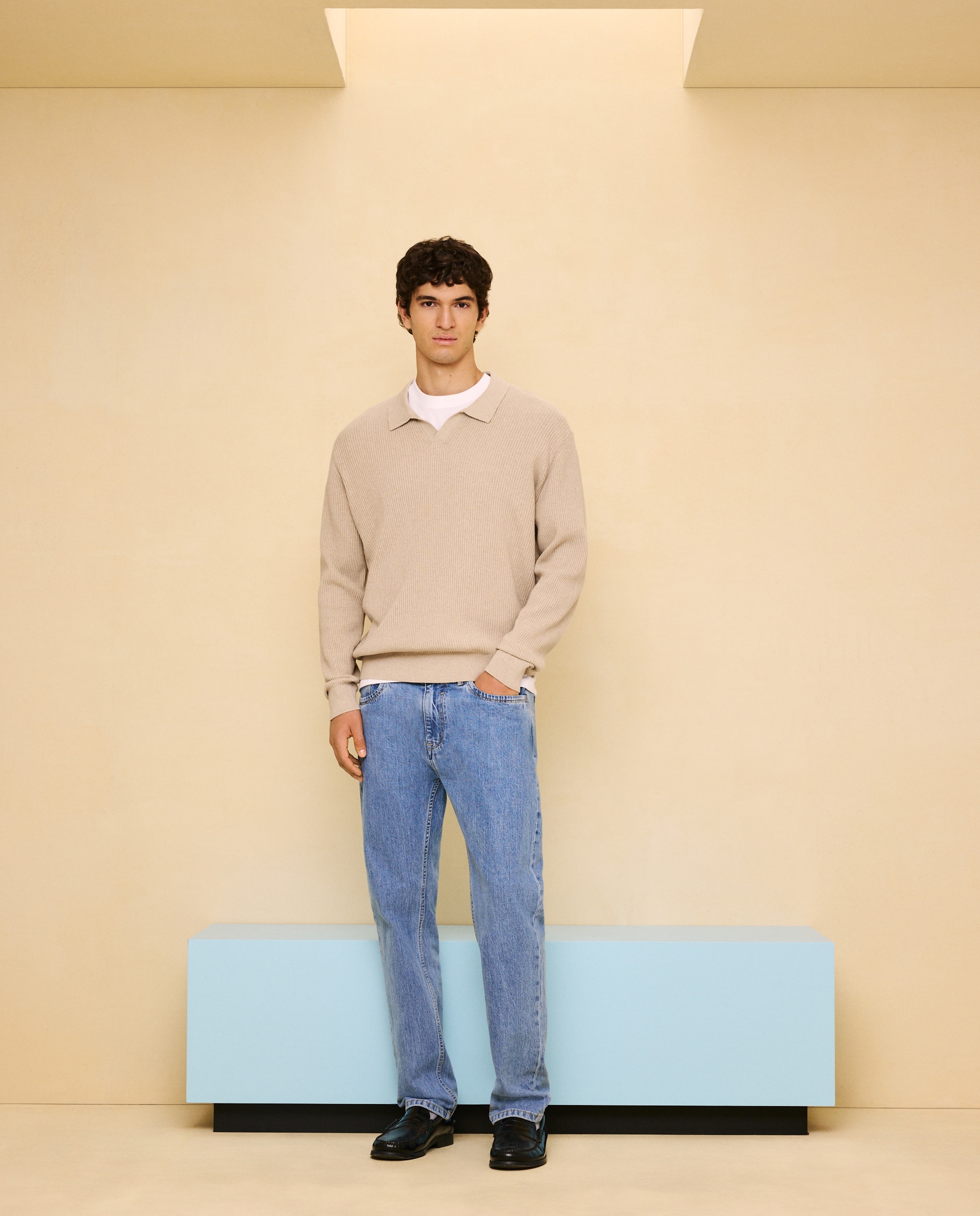 Camisola de Malha Canelada com Colarinho de Polo 850 Pedra-2