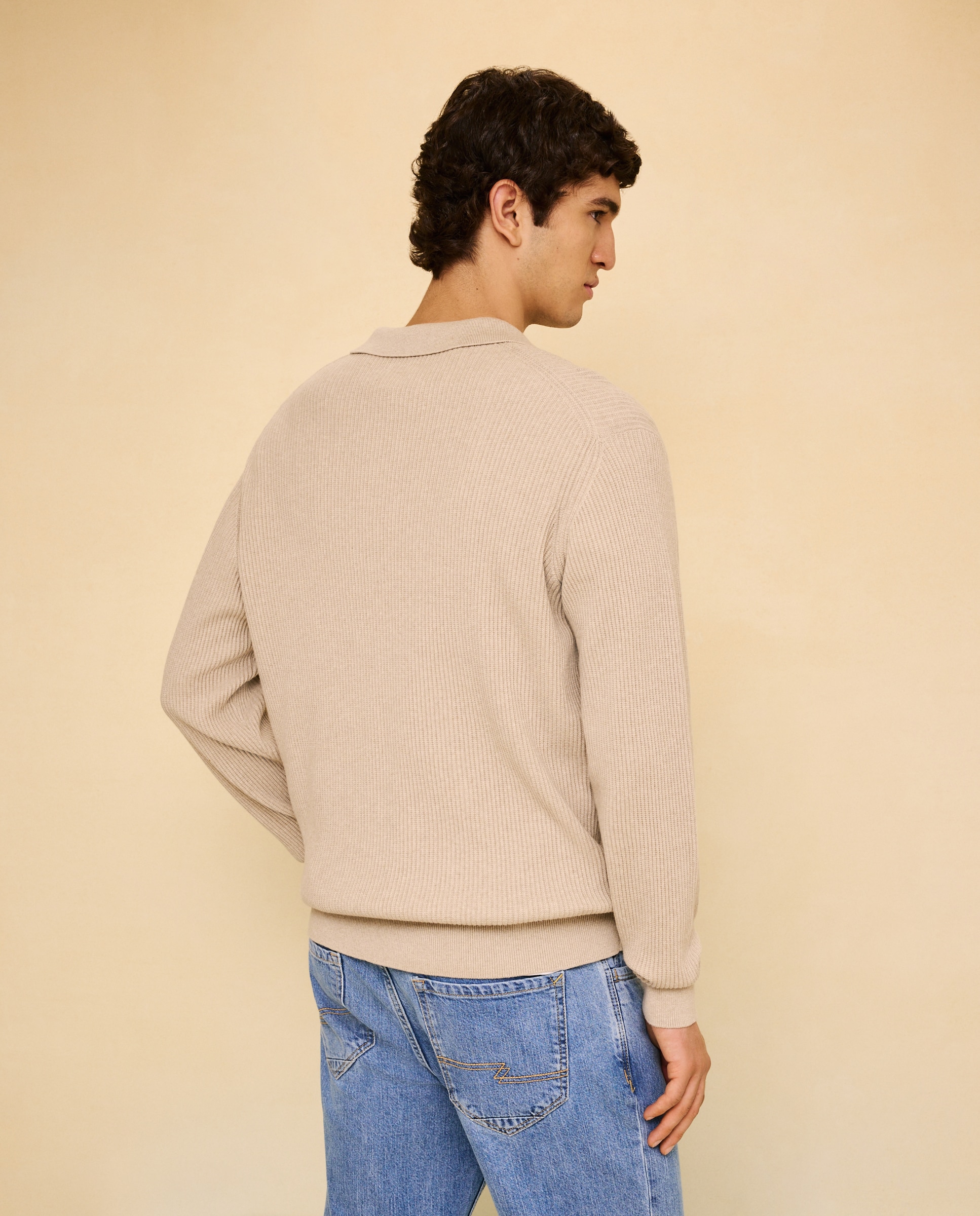 Camisola de Malha Canelada com Colarinho de Polo 850 Pedra-3