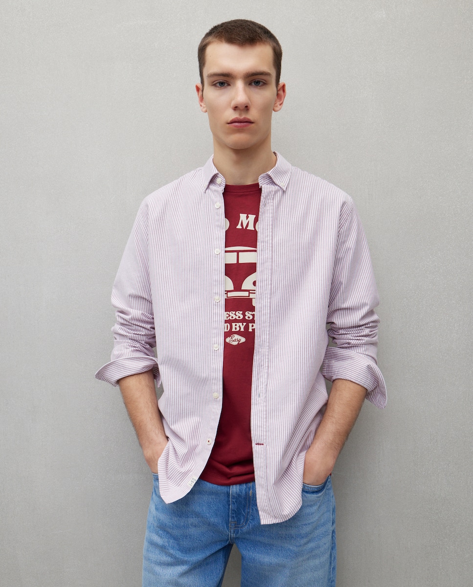 Camisa Oxford com Manga Comprida e às Riscas Rosa-1