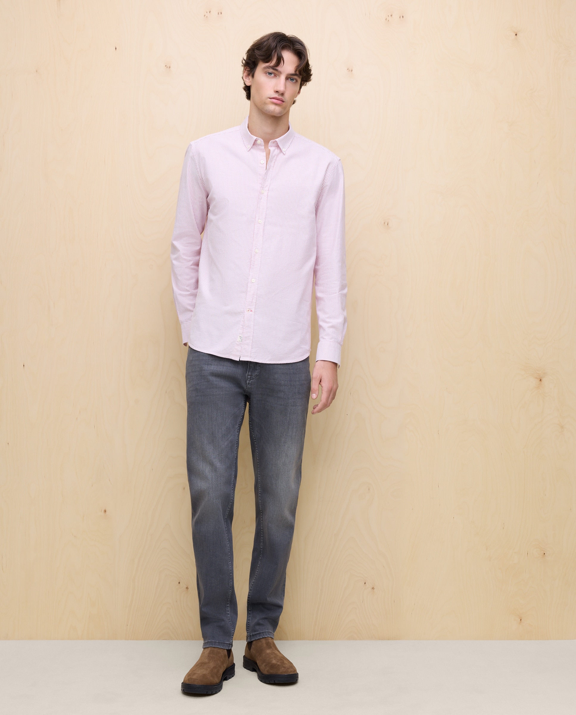 Camisa Oxford às Riscas com Manga Comprida Cereja-4