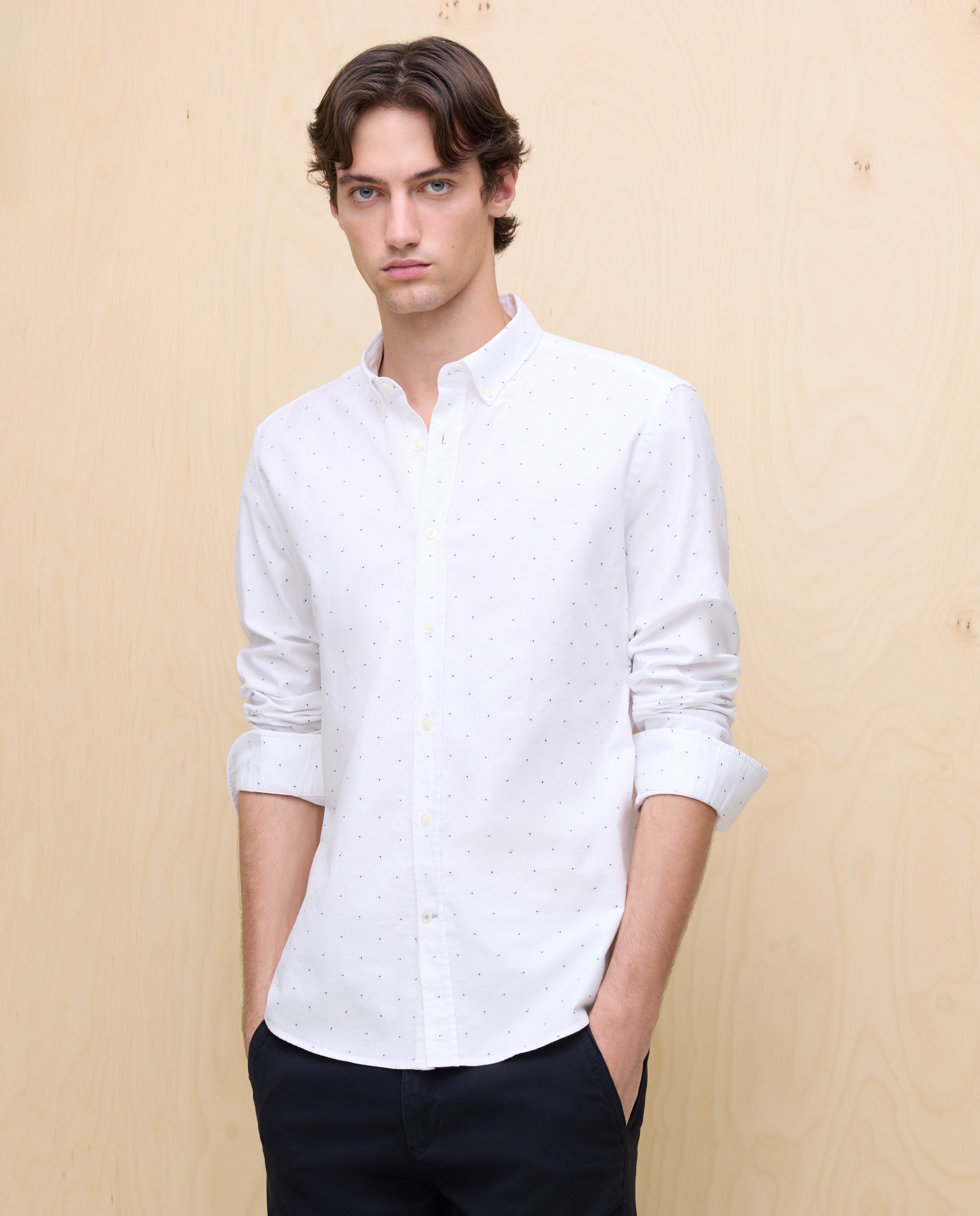 Camisa Oxford Estampada de Manga Comprida Branco-1