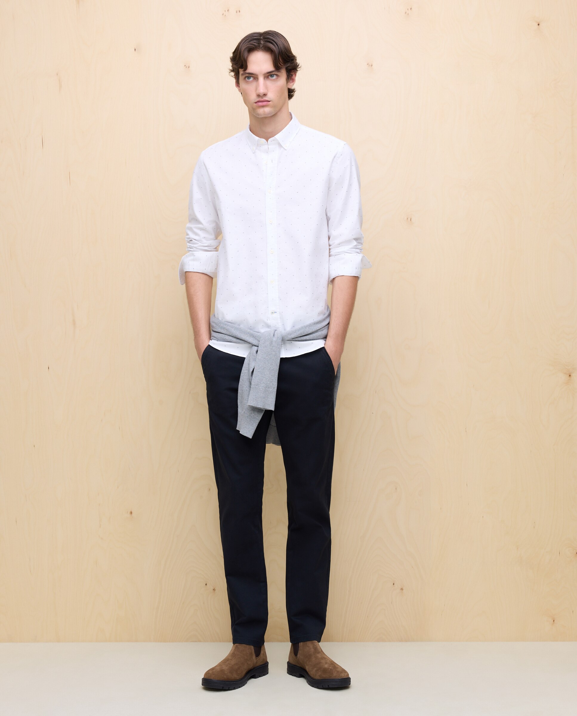 Camisa Oxford Estampada de Manga Comprida Branco-2