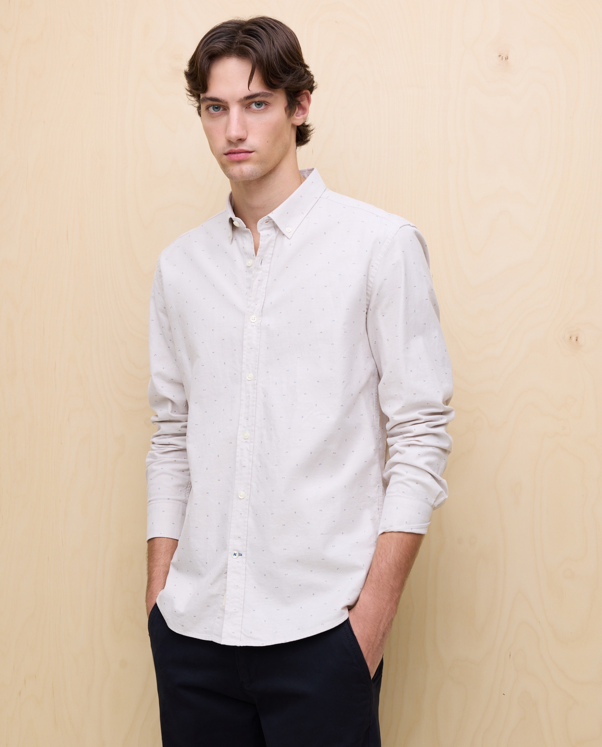 Camisa Oxford Estampada de Manga Comprida 730 Camel-2