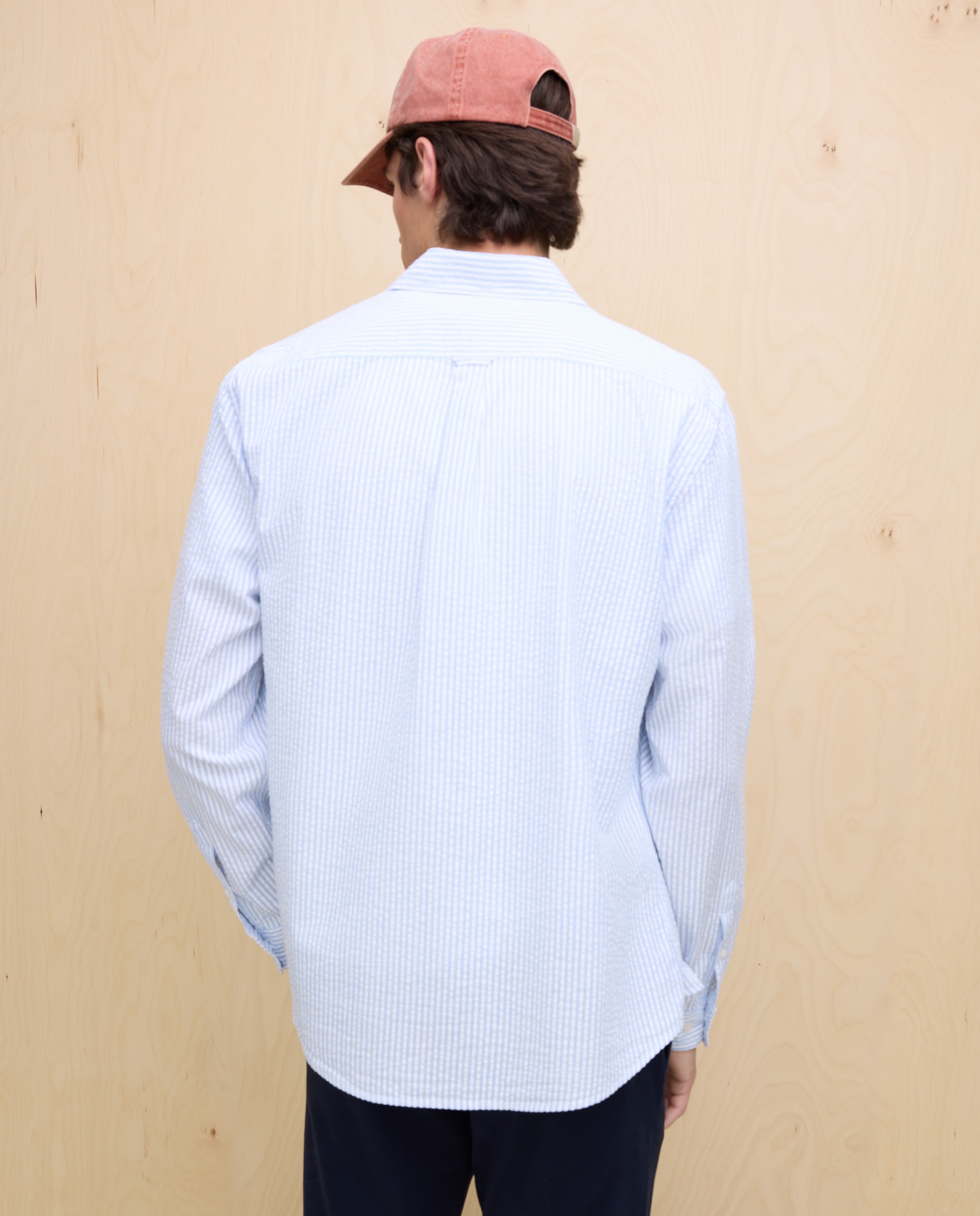 Camisa de Manga Comprida às Riscas Seersucker Azul-2