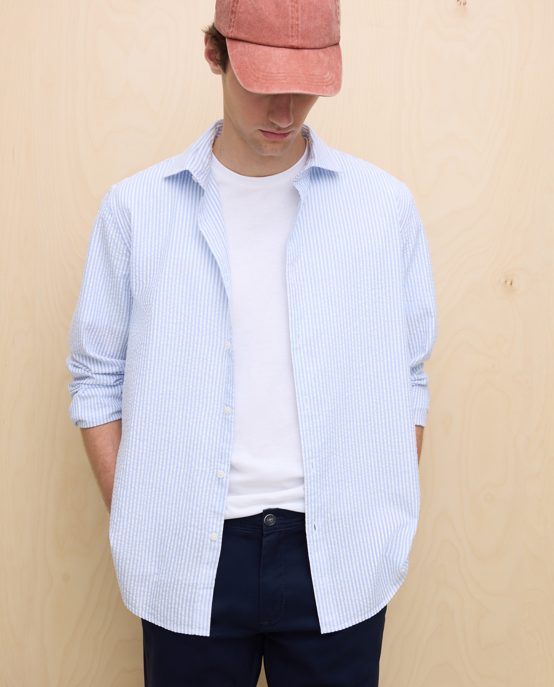 Camisa de Manga Comprida às Riscas Seersucker Azul-3