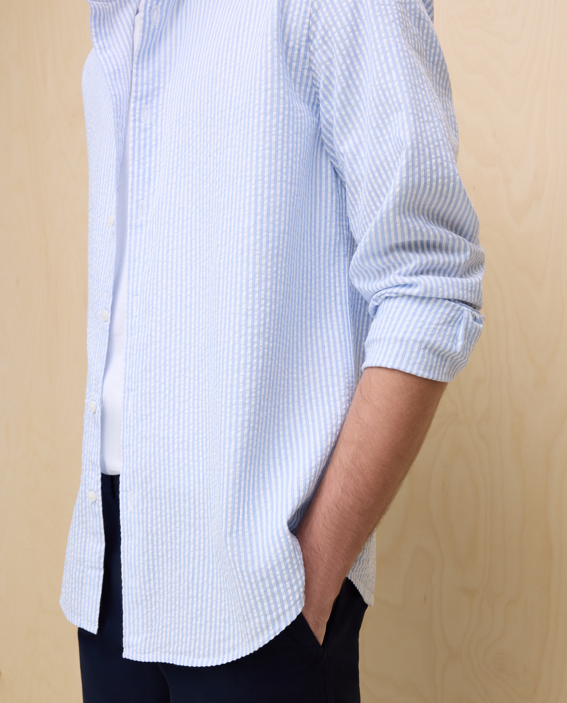 Camisa de Manga Comprida às Riscas Seersucker Azul-4