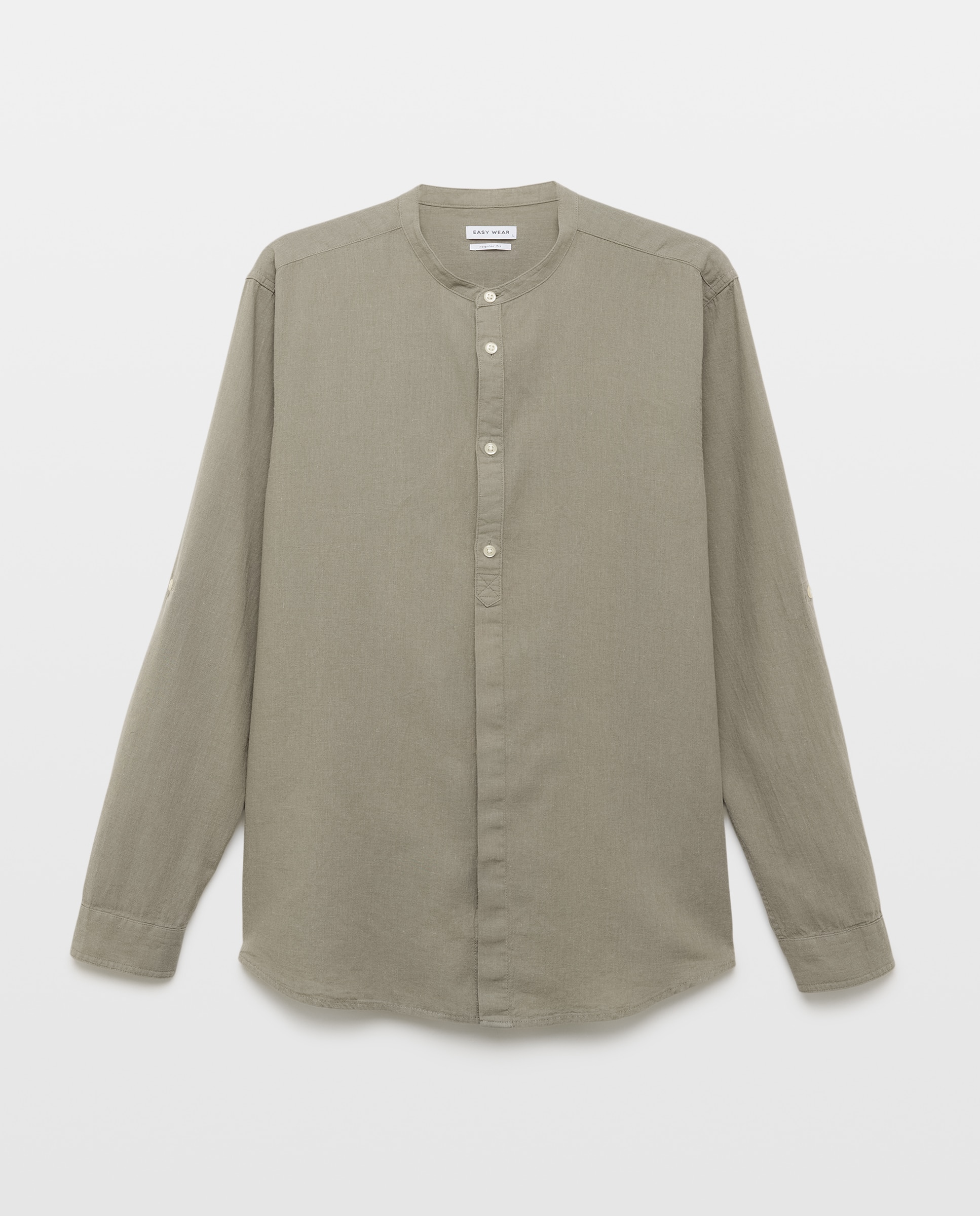 Camisa Lisa de Linho e Algodão com Manga Comprida e Gola à Padre 520 Caqui-5