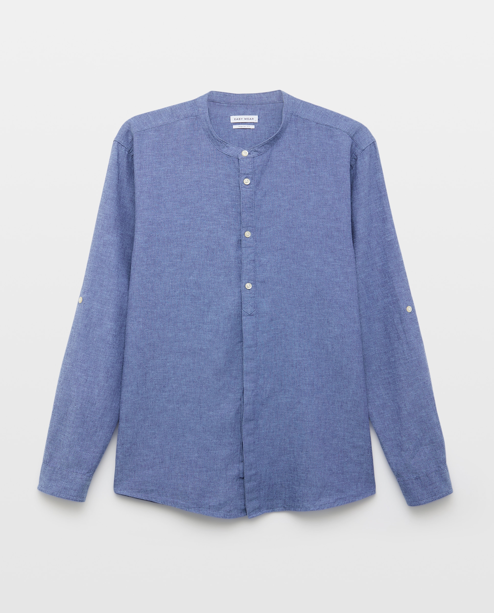 Camisa Lisa de Linho e Algodão com Manga Comprida e Gola à Padre Azul pálido-5