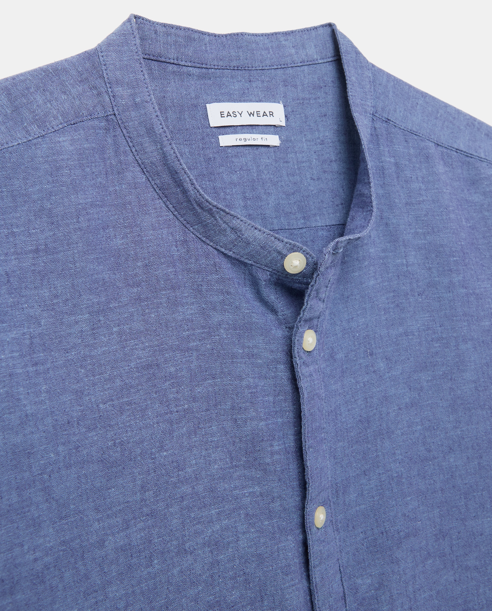 Camisa Lisa de Linho e Algodão com Manga Comprida e Gola à Padre Azul pálido-6