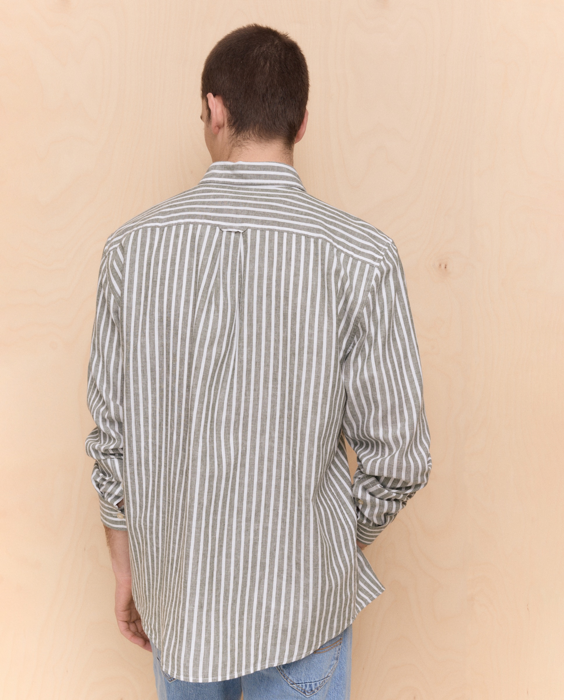 Camisa de Linho e Algodão às Riscas com Manga Comprida 520 Caqui-3