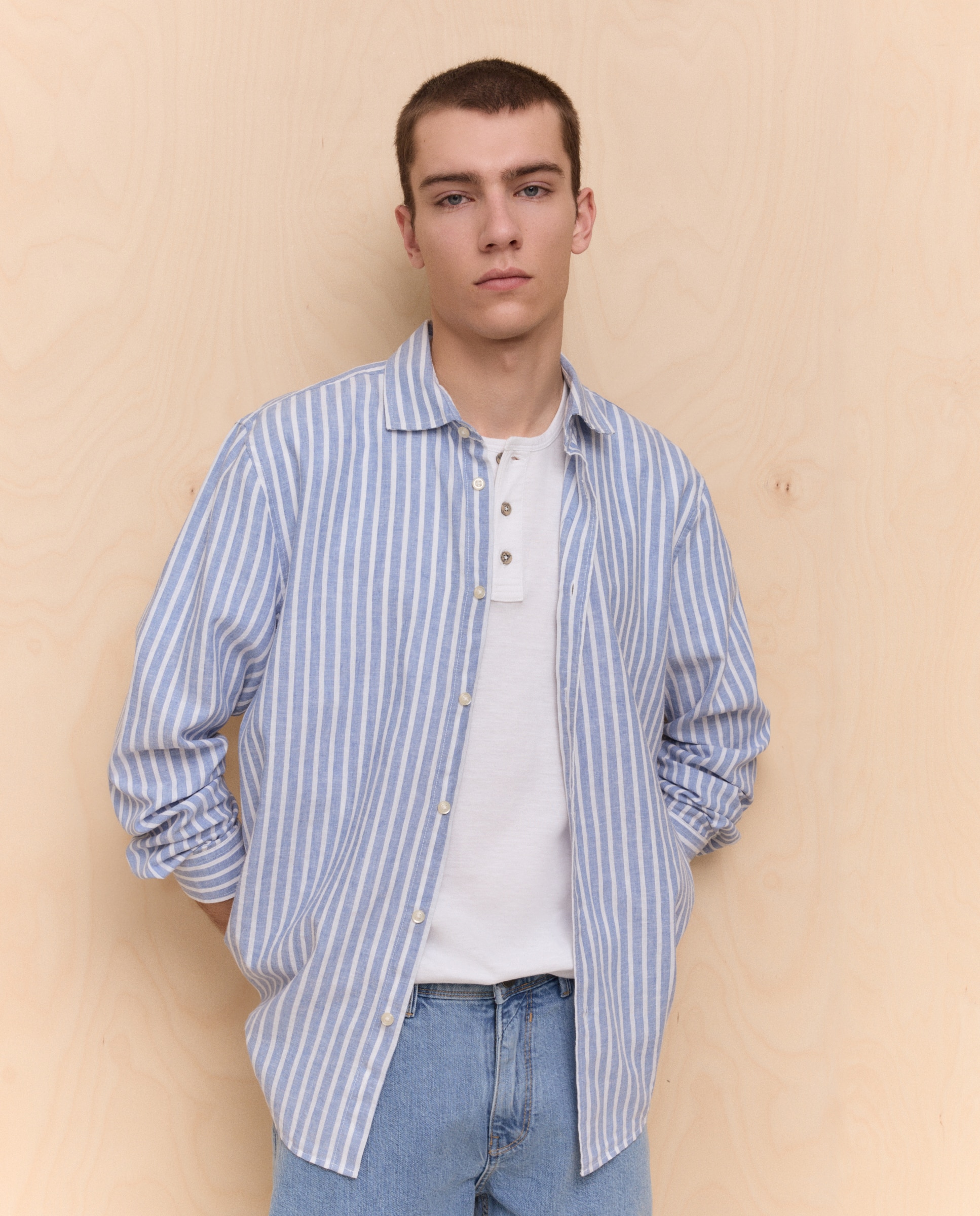 Camisa de Linho e Algodão às Riscas com Manga Comprida 410 Azul Claro-1