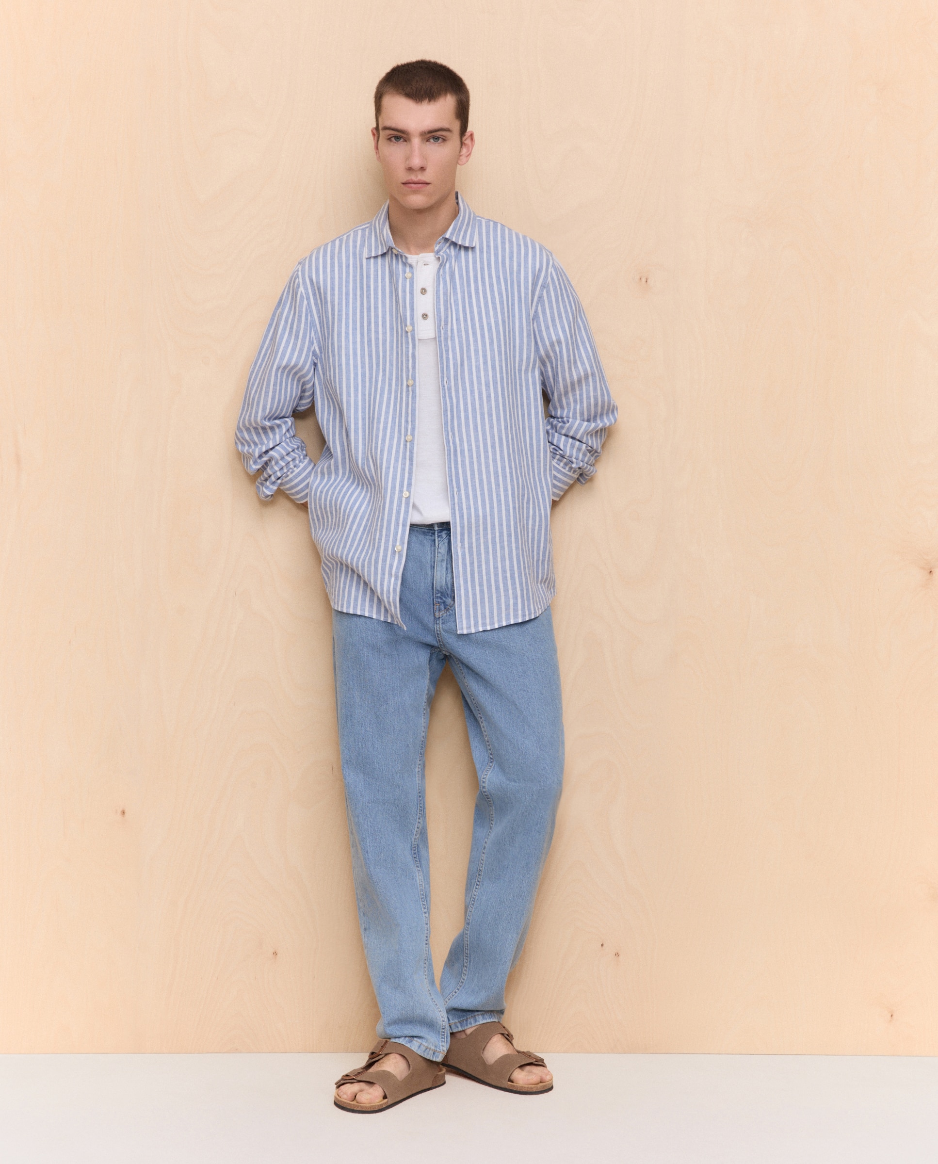 Camisa de Linho e Algodão às Riscas com Manga Comprida 410 Azul Claro-2