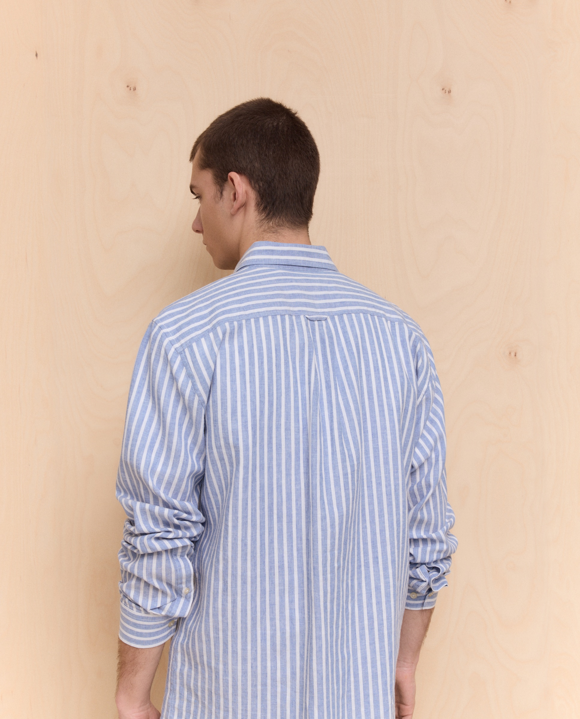 Camisa de Linho e Algodão às Riscas com Manga Comprida 410 Azul Claro-3