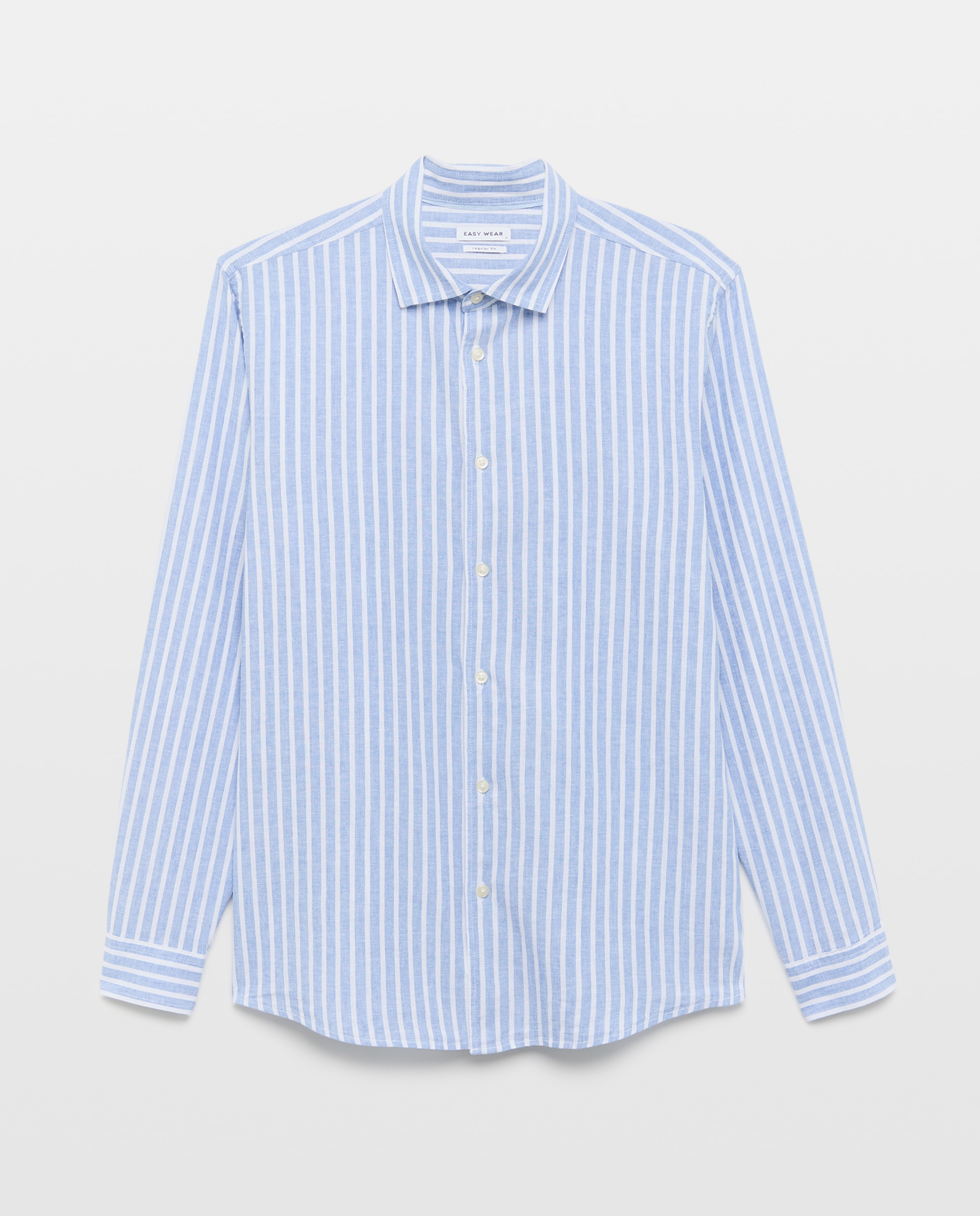 Camisa de Linho e Algodão às Riscas com Manga Comprida 410 Azul Claro-5