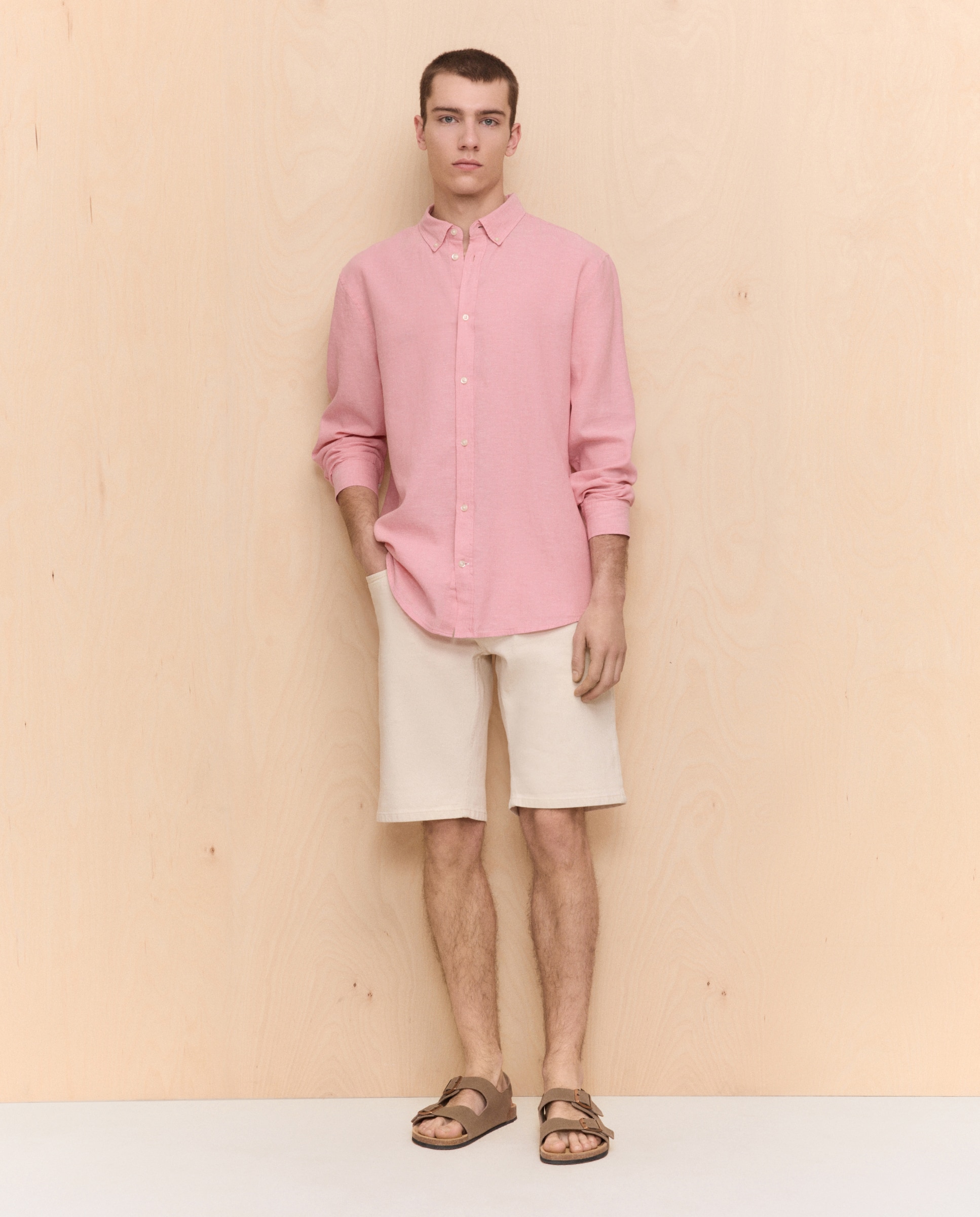 Camisa Lisa de Linho e Algodão com Manga Comprida 200 Rosa-4