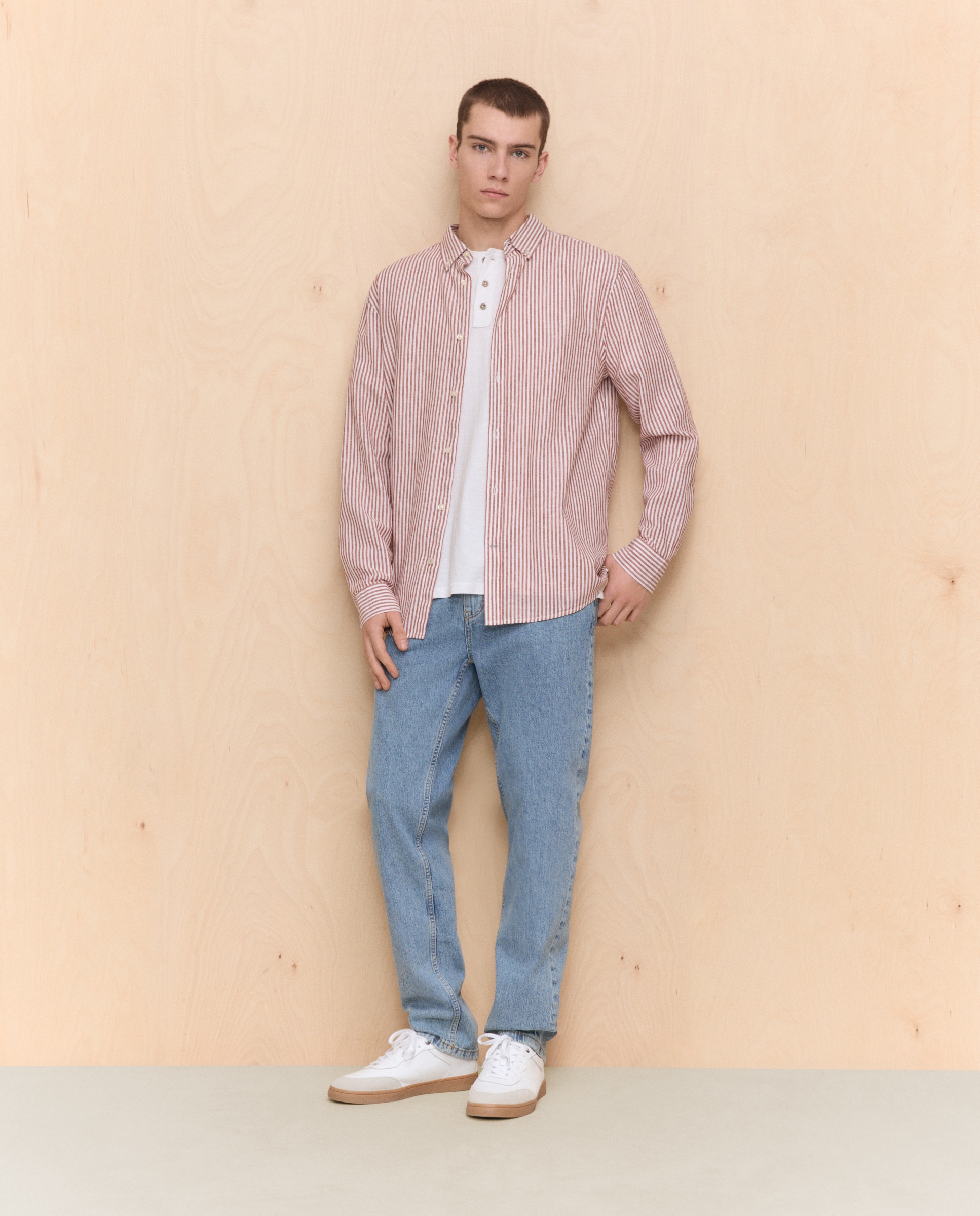 Camisa de hombre manga larga lino algodón rayas - Easy Wear - Bermellon Bermellon-2