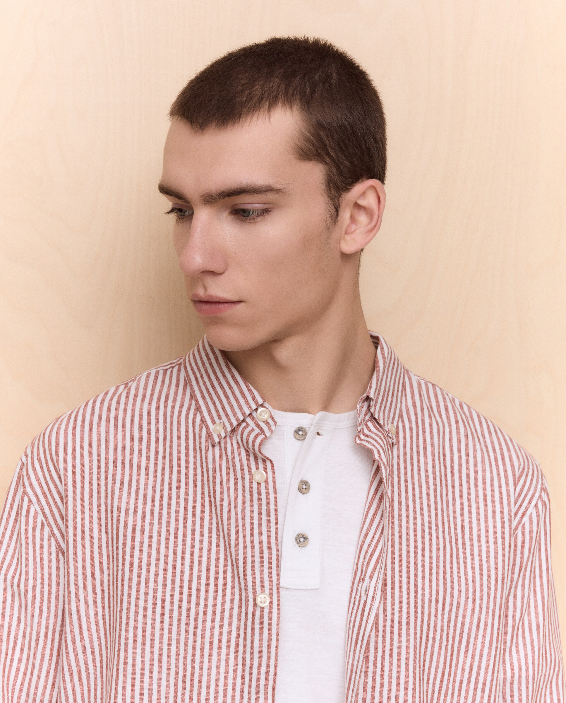 Camisa de hombre manga larga lino algodón rayas - Easy Wear - Bermellon Bermellon-4