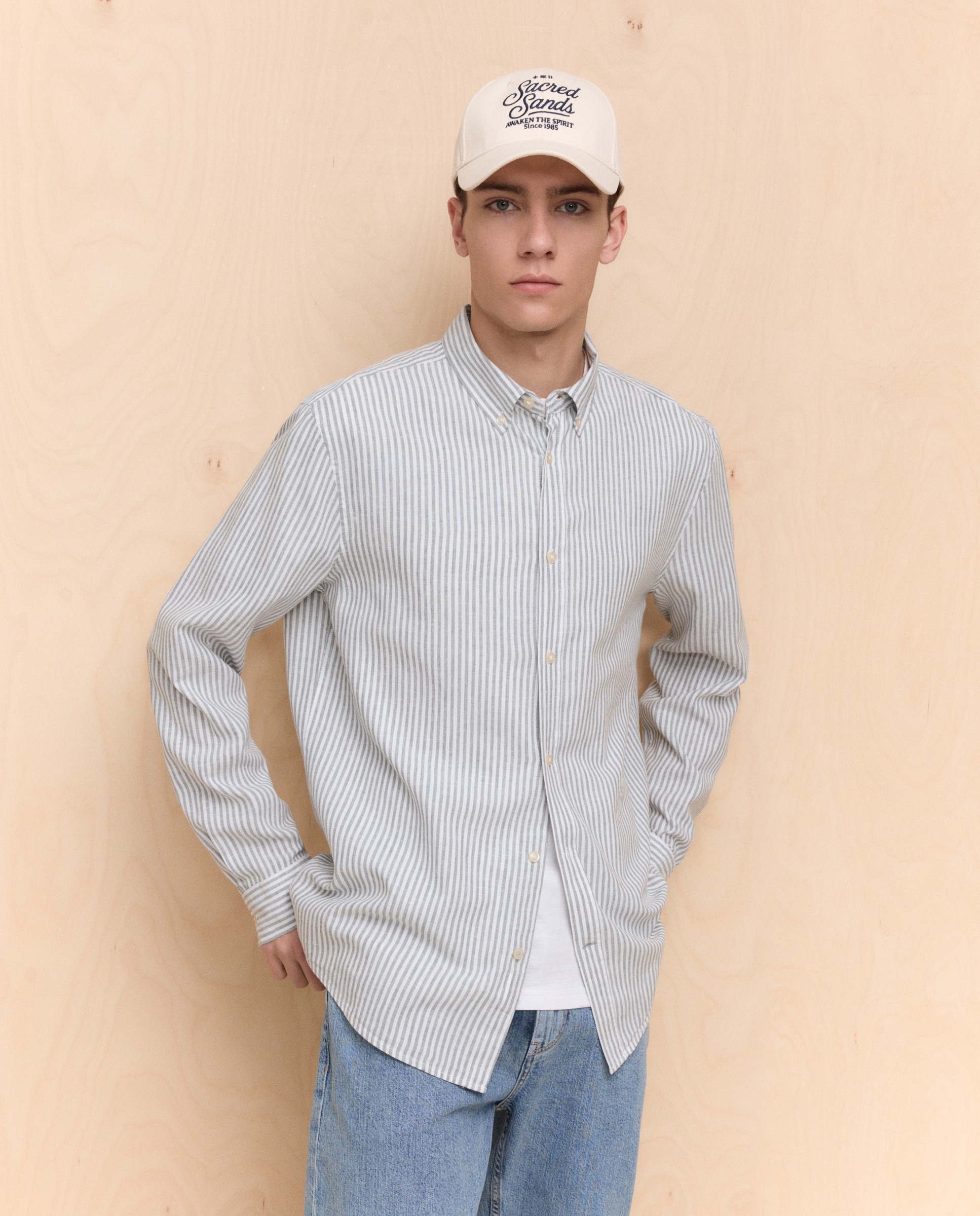 Camisa de Linho e Algodão às Riscas com Manga Comprida Verde-1