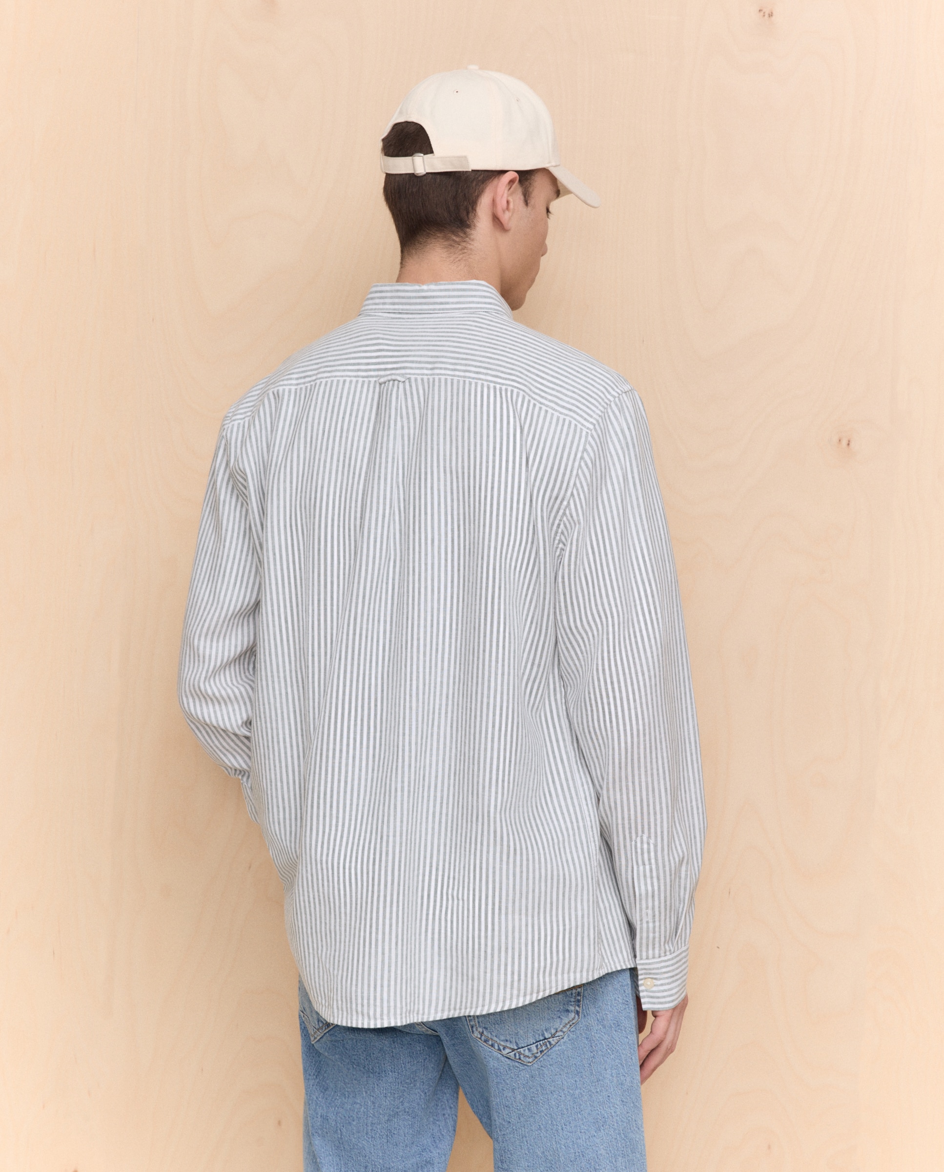 Camisa de Linho e Algodão às Riscas com Manga Comprida Verde-3