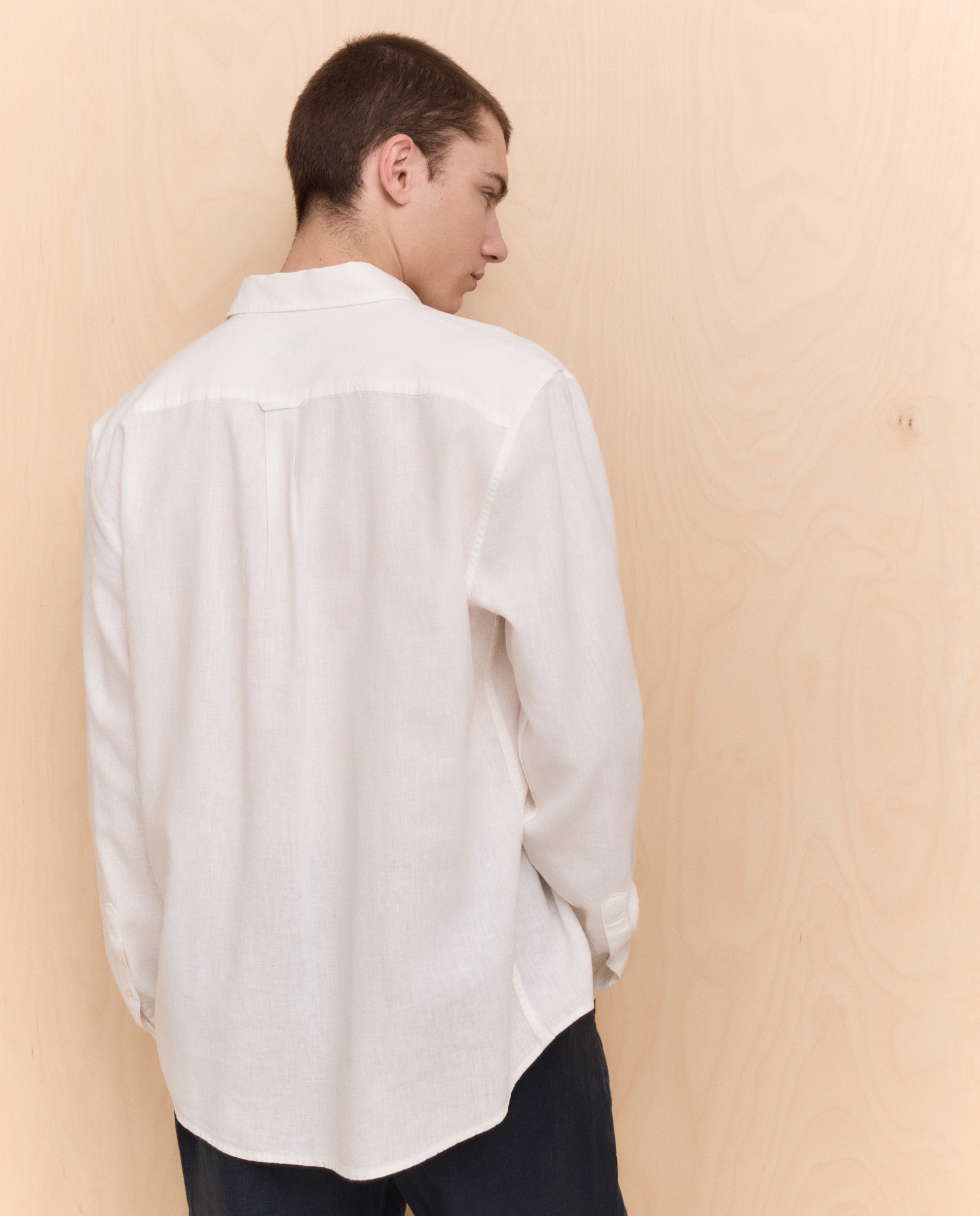 Camisa de Linho e Algodão com Manga Comprida e Bolsos Branco-marfim-3