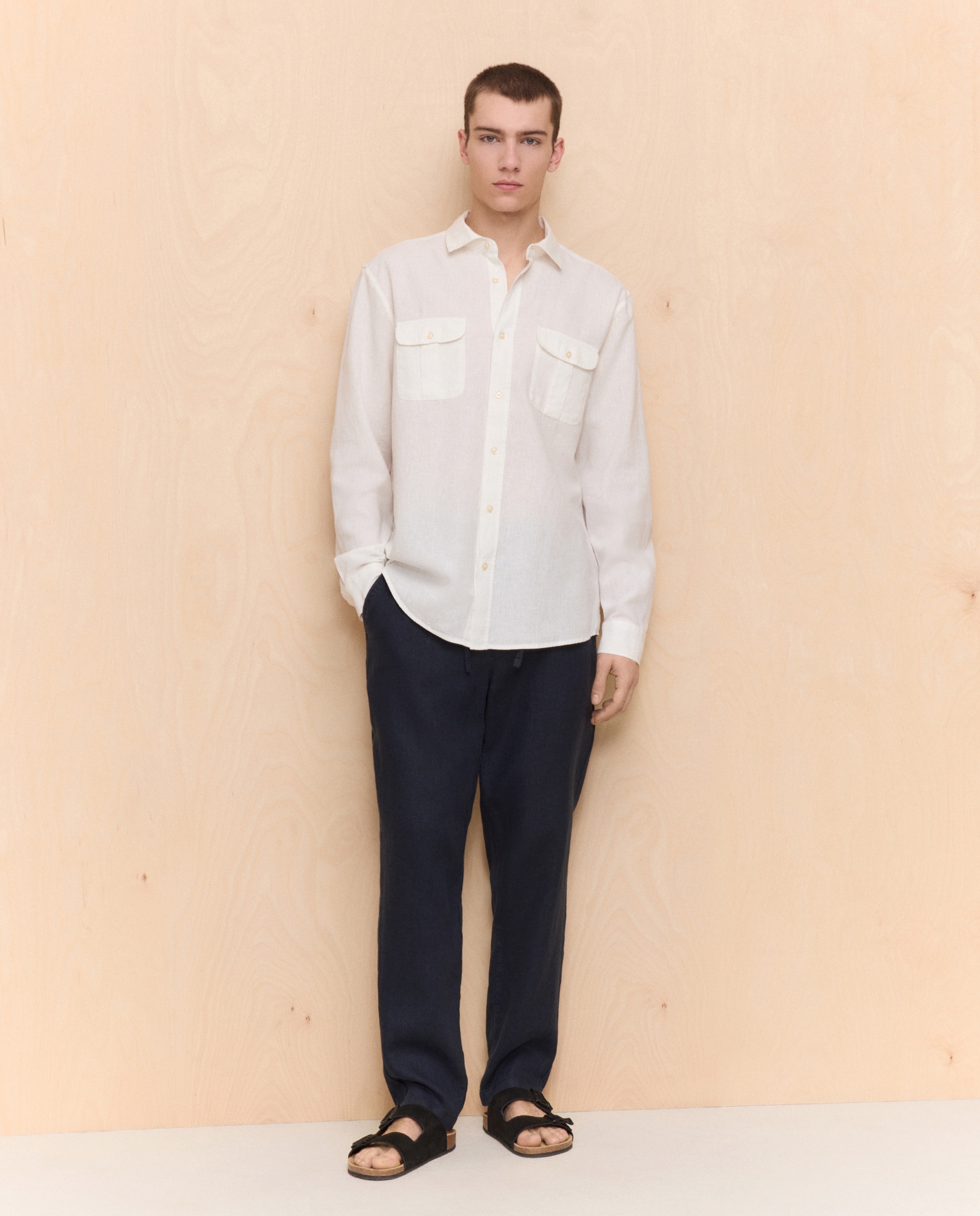 Camisa de Linho e Algodão com Manga Comprida e Bolsos Branco-marfim-4