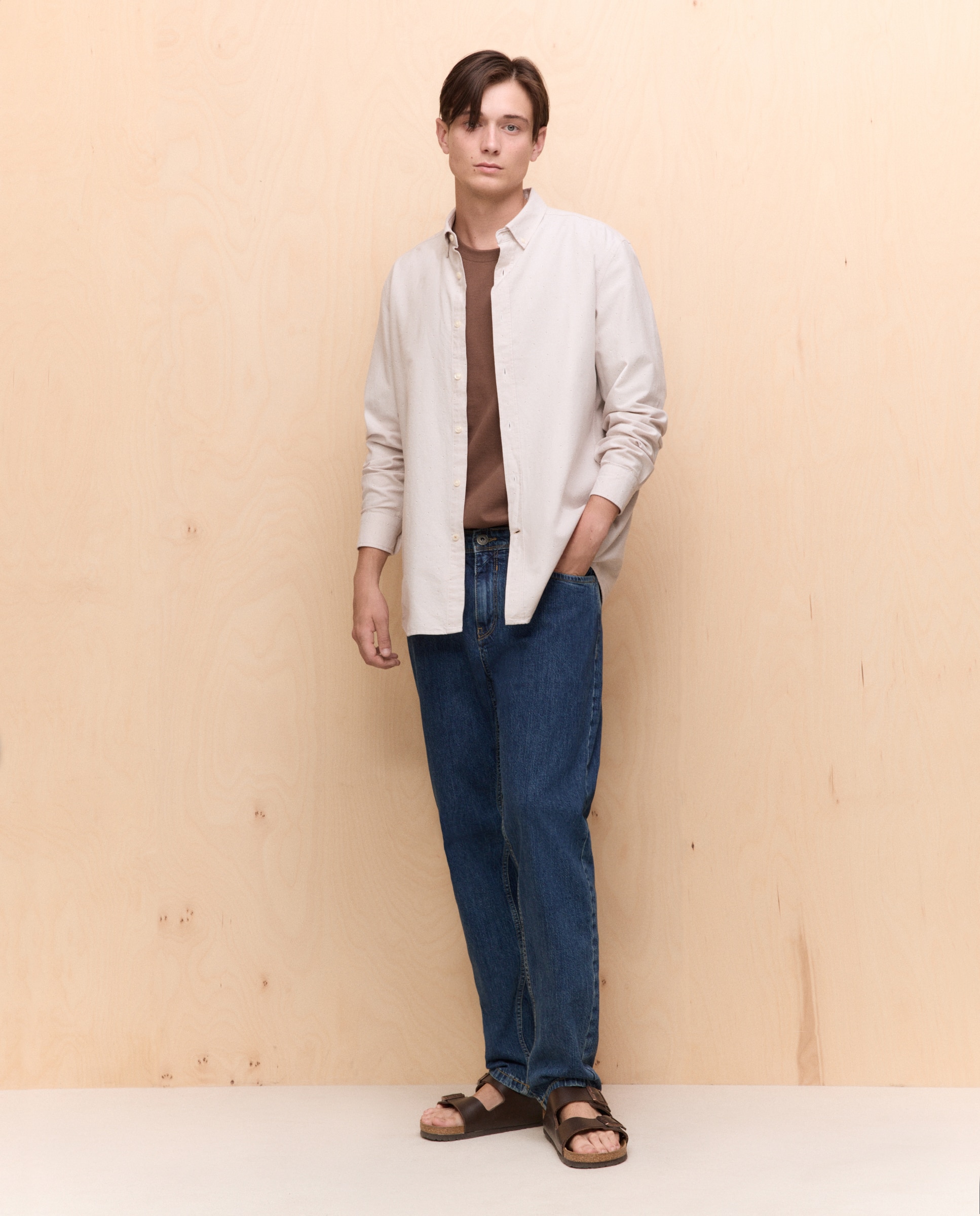 Camisa de Manga Comprida com Estampado Oxford Bege-2
