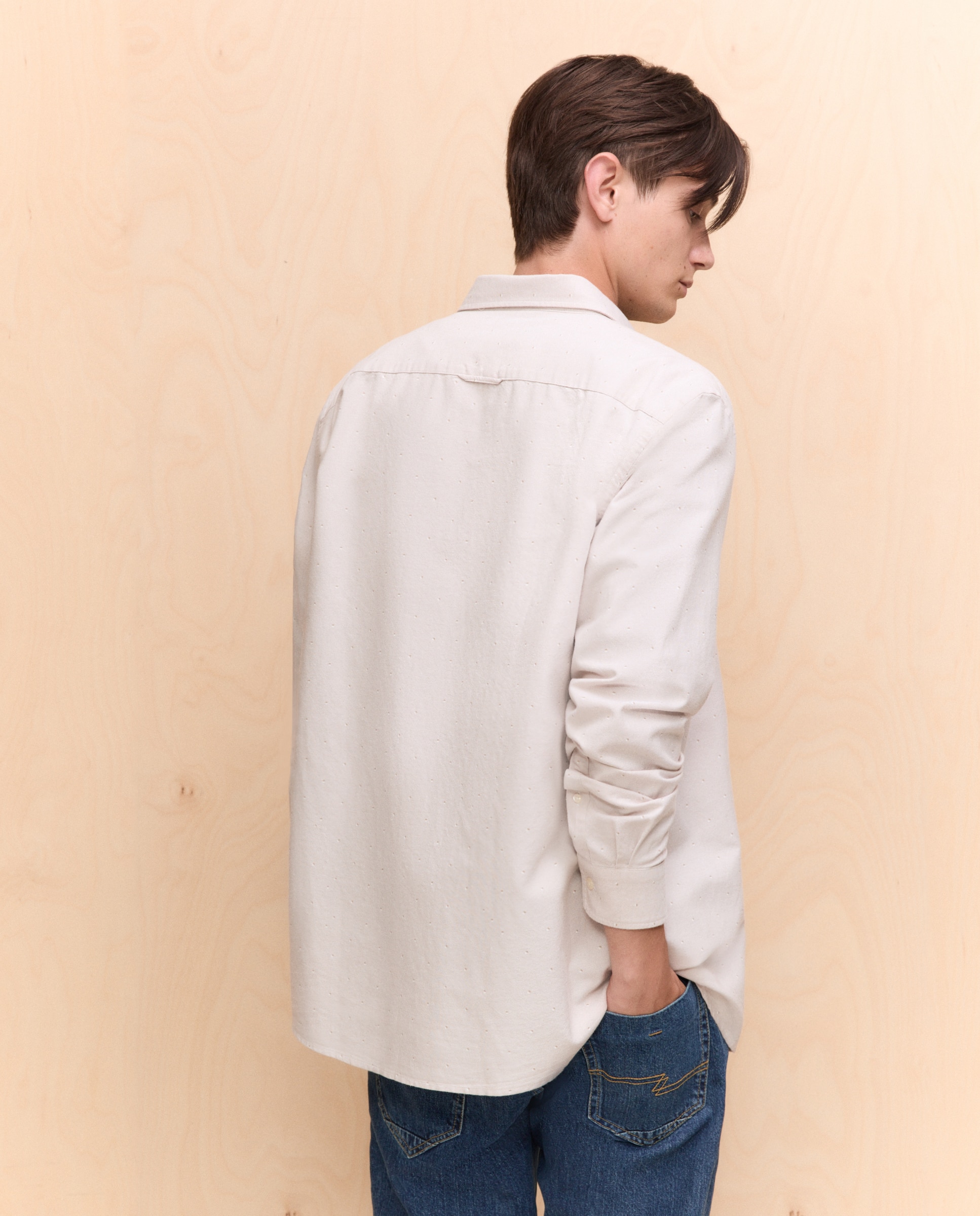 Camisa de Manga Comprida com Estampado Oxford Bege-3