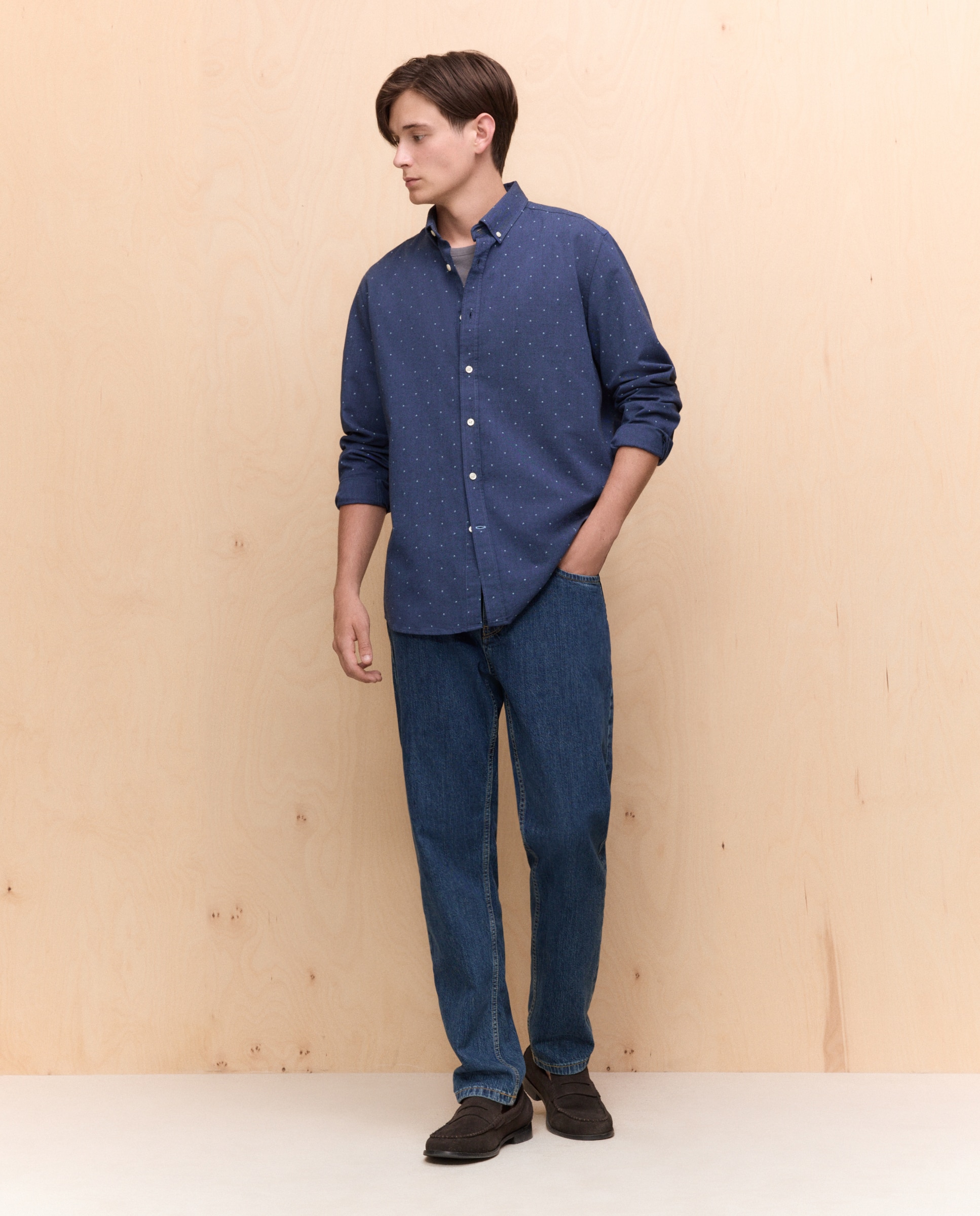 Camisa de Manga Comprida com Estampado Oxford Azul-marinho-2