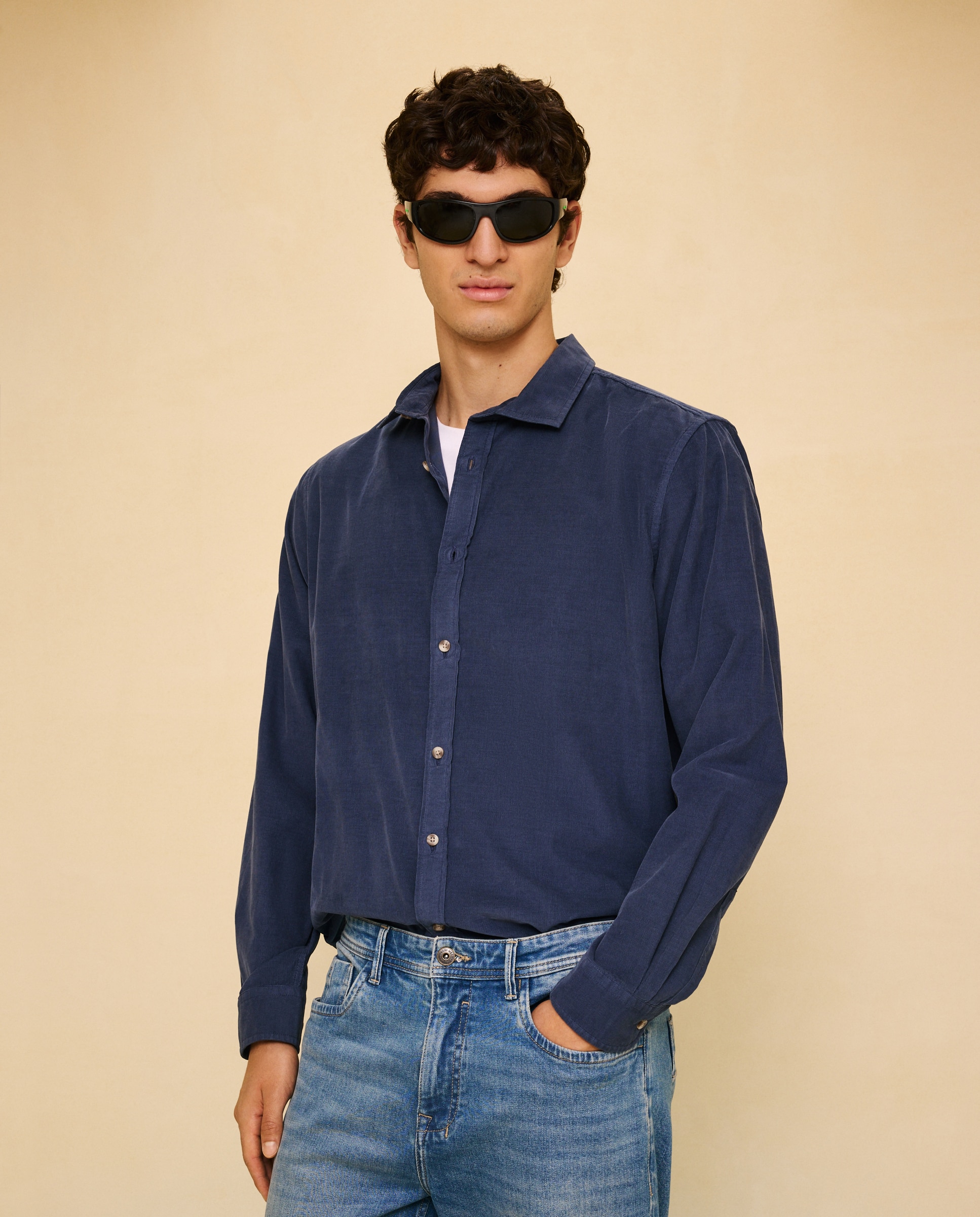 Camisa com Manga Comprida Bombazina Fina Garment Dyed 400 Azul-2