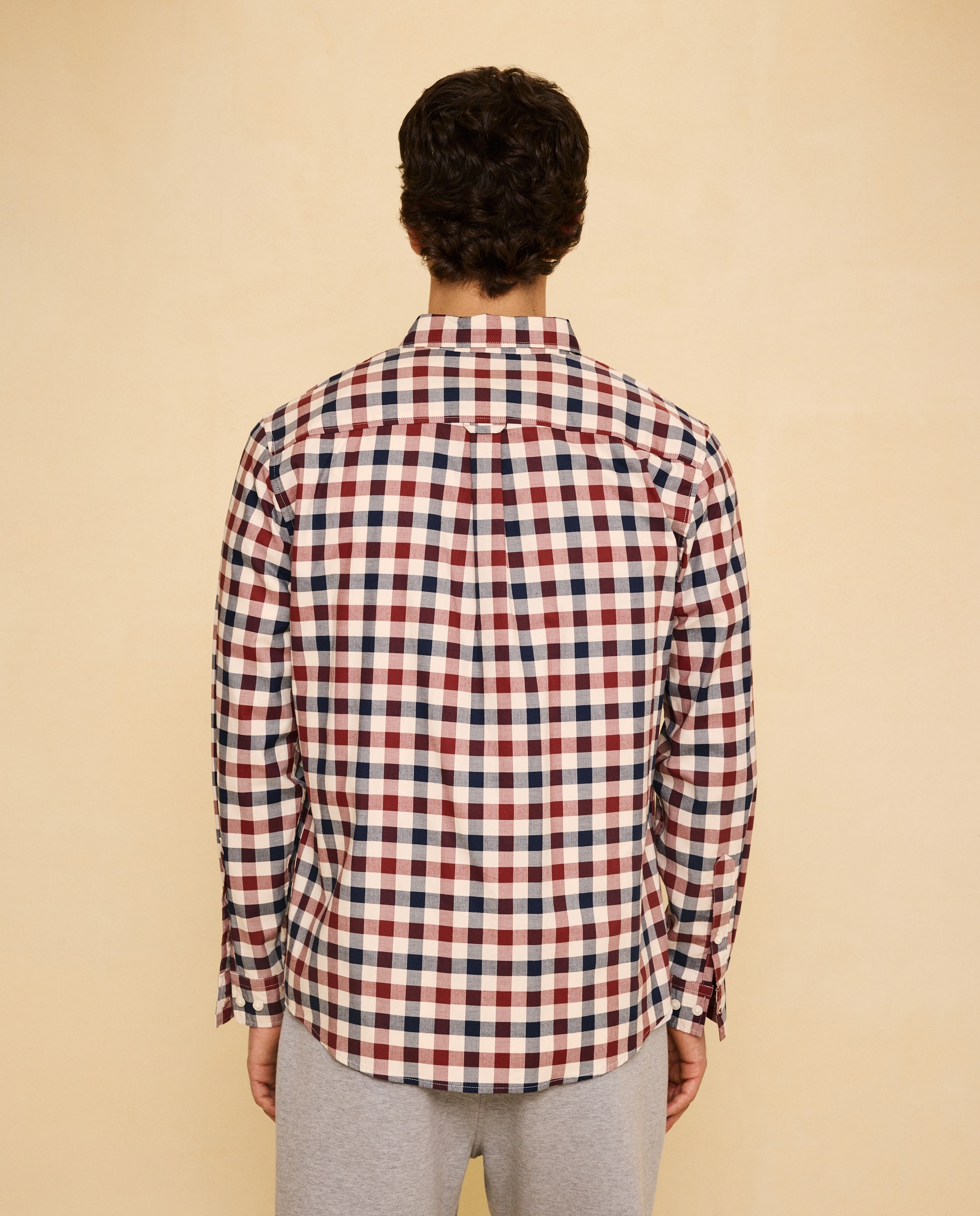 Camisa aos Quadrados com Manga Comprida Bege-3