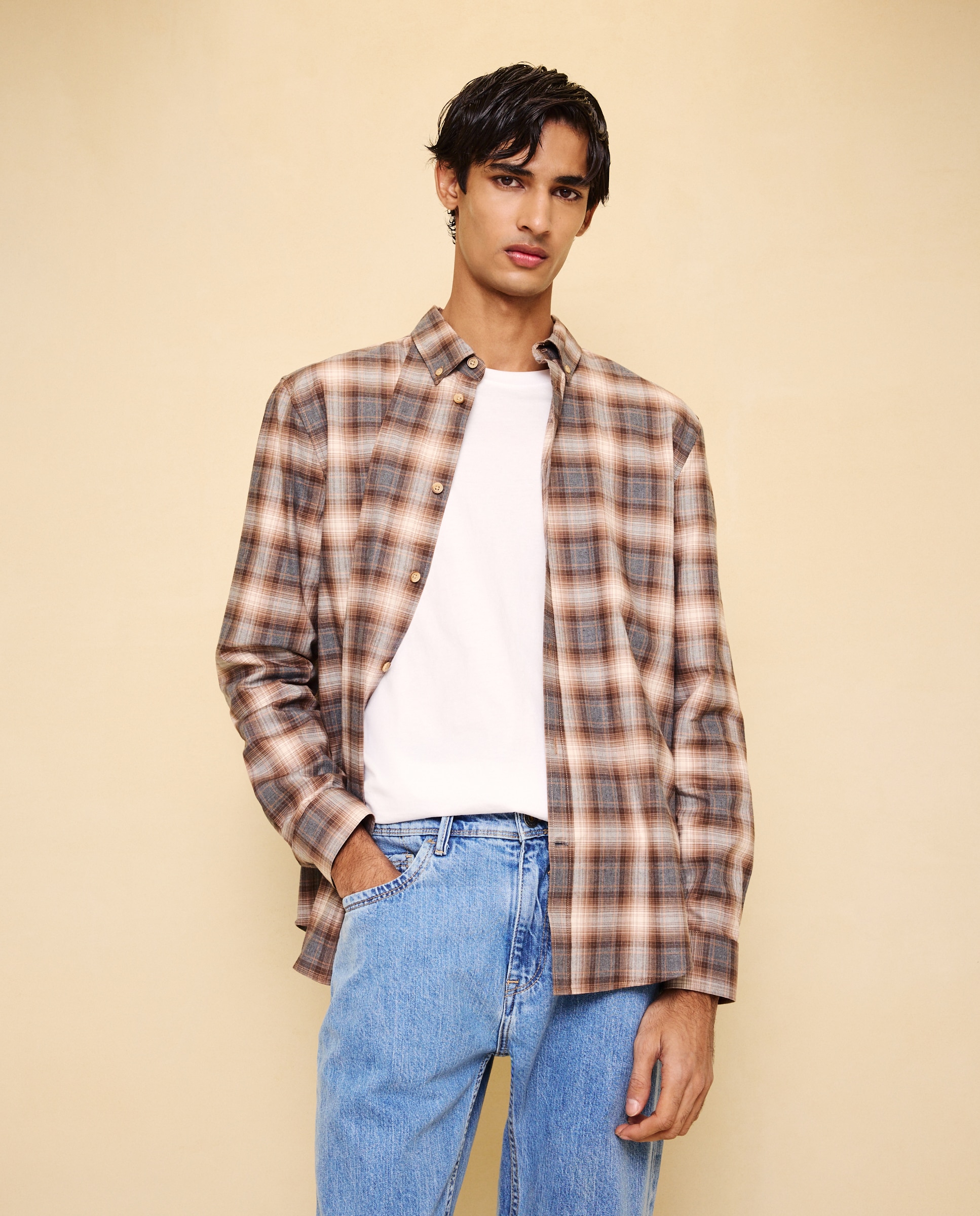 Camisa manga larga para hombre cuadro - Easy Wear - Tostado Tostado-1