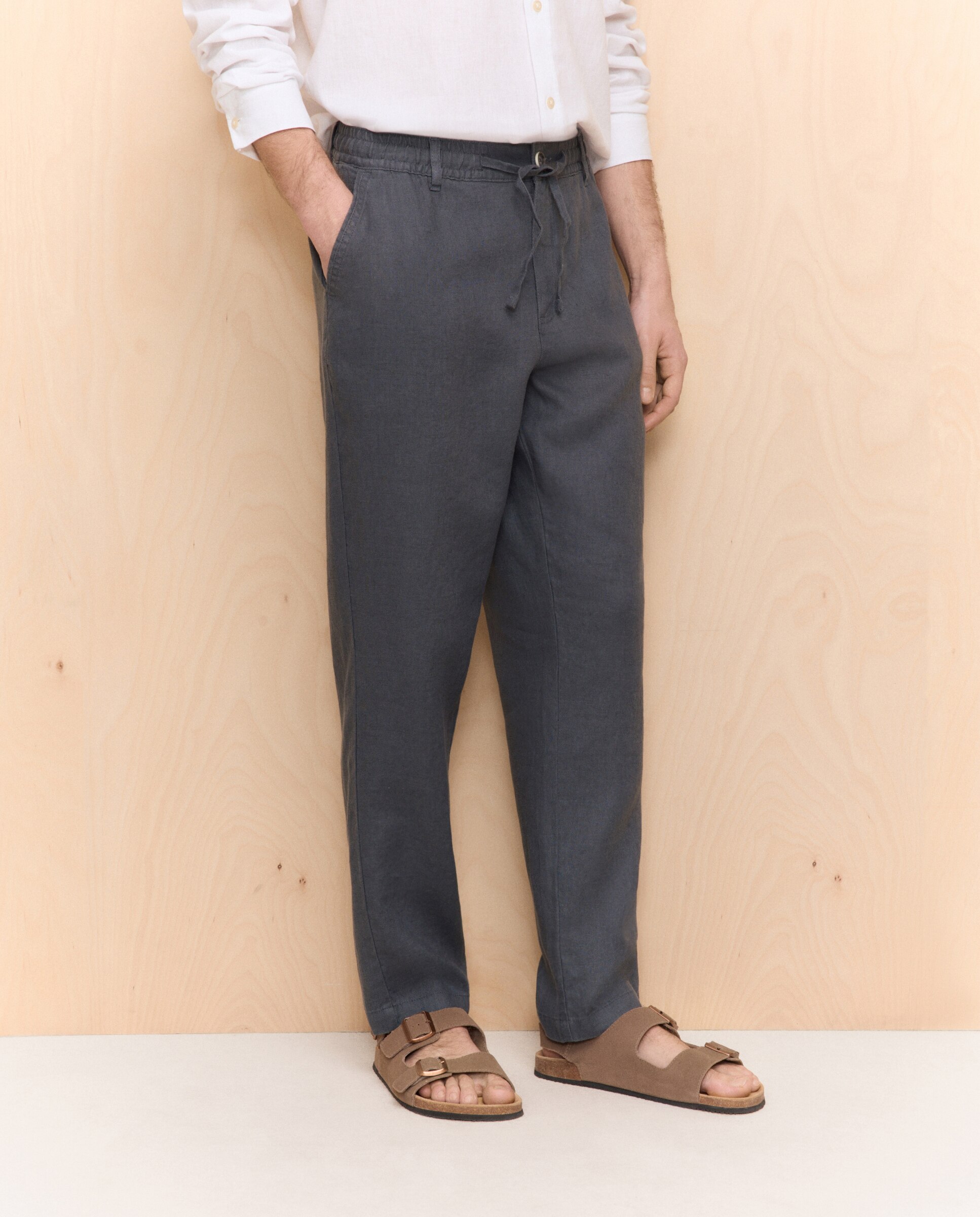 Pantalón 100% lino de hombre con cordón - Easy Wear - 830 Antracita 830 Antracita-2