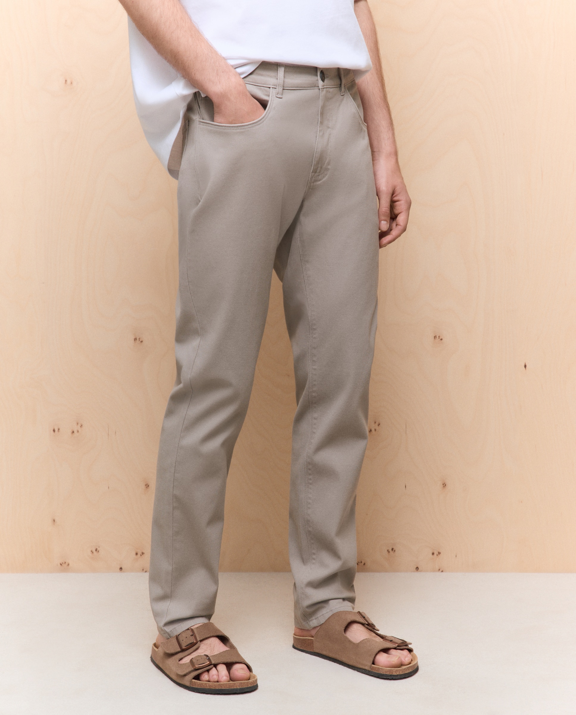 Calças Stretch Slim com Cinco Bolsos Vison Claro-2