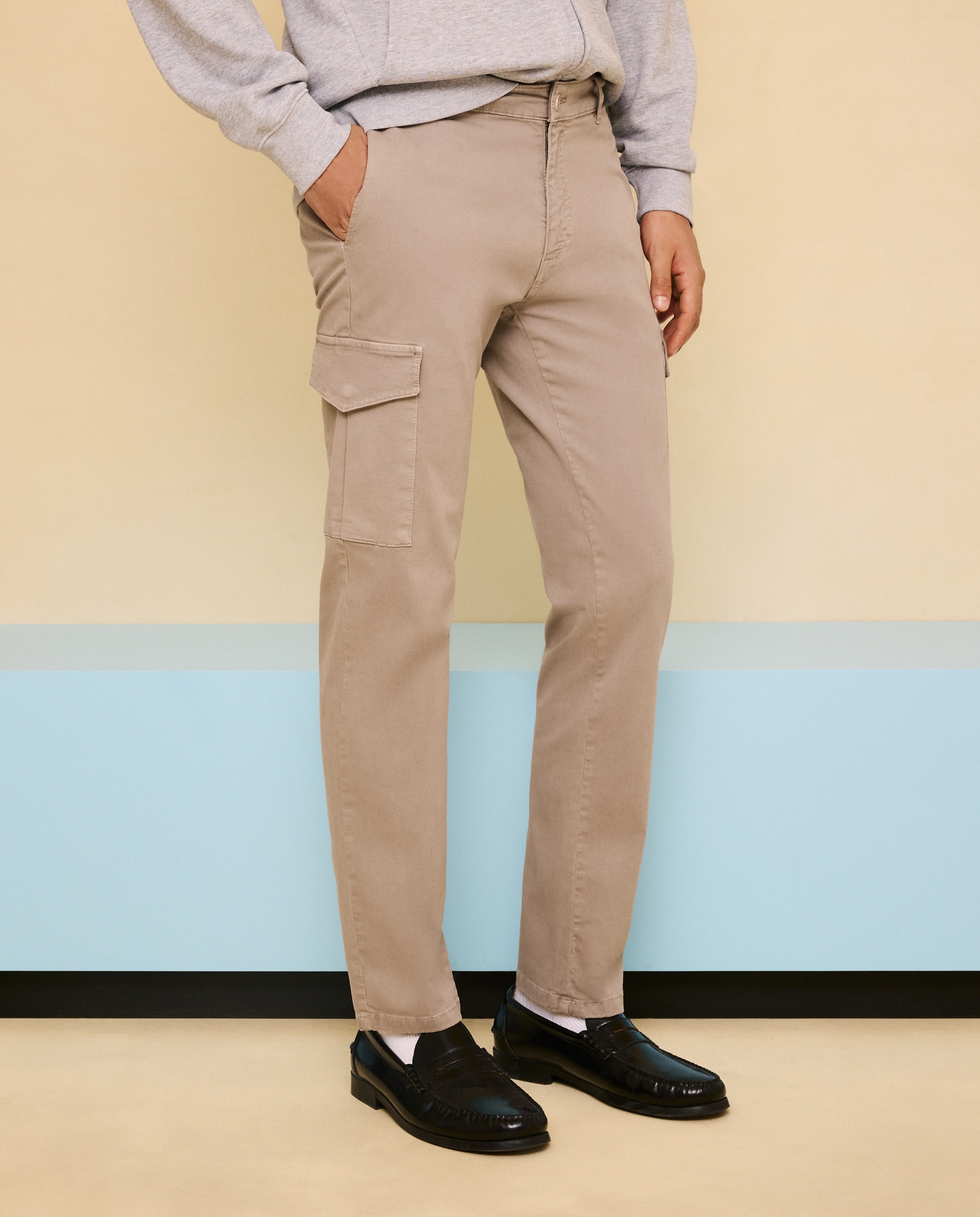 Pantalón de algodón slim strech multibolsillos de hombre tinte en prenda - Easy Wear - Visón claro Visón claro-2