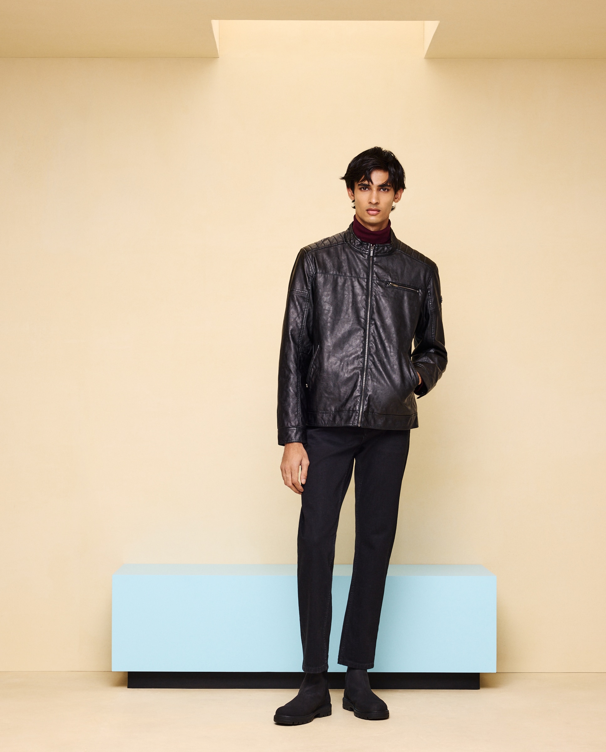 Cazadora polipiel acolchada tipo biker de hombre - Easy Wear - Negro Negro-1