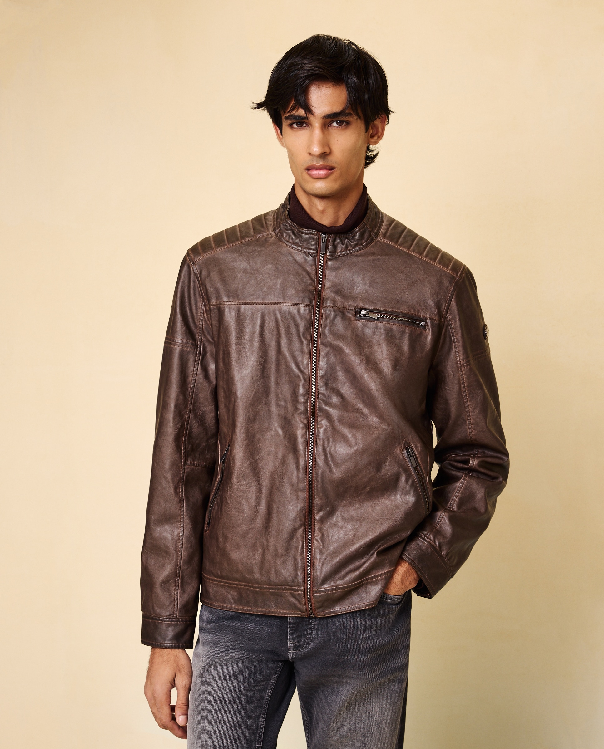 Cazadora polipiel acolchada tipo biker de hombre - Easy Wear - 740 Tabaco 740 Tabaco-2